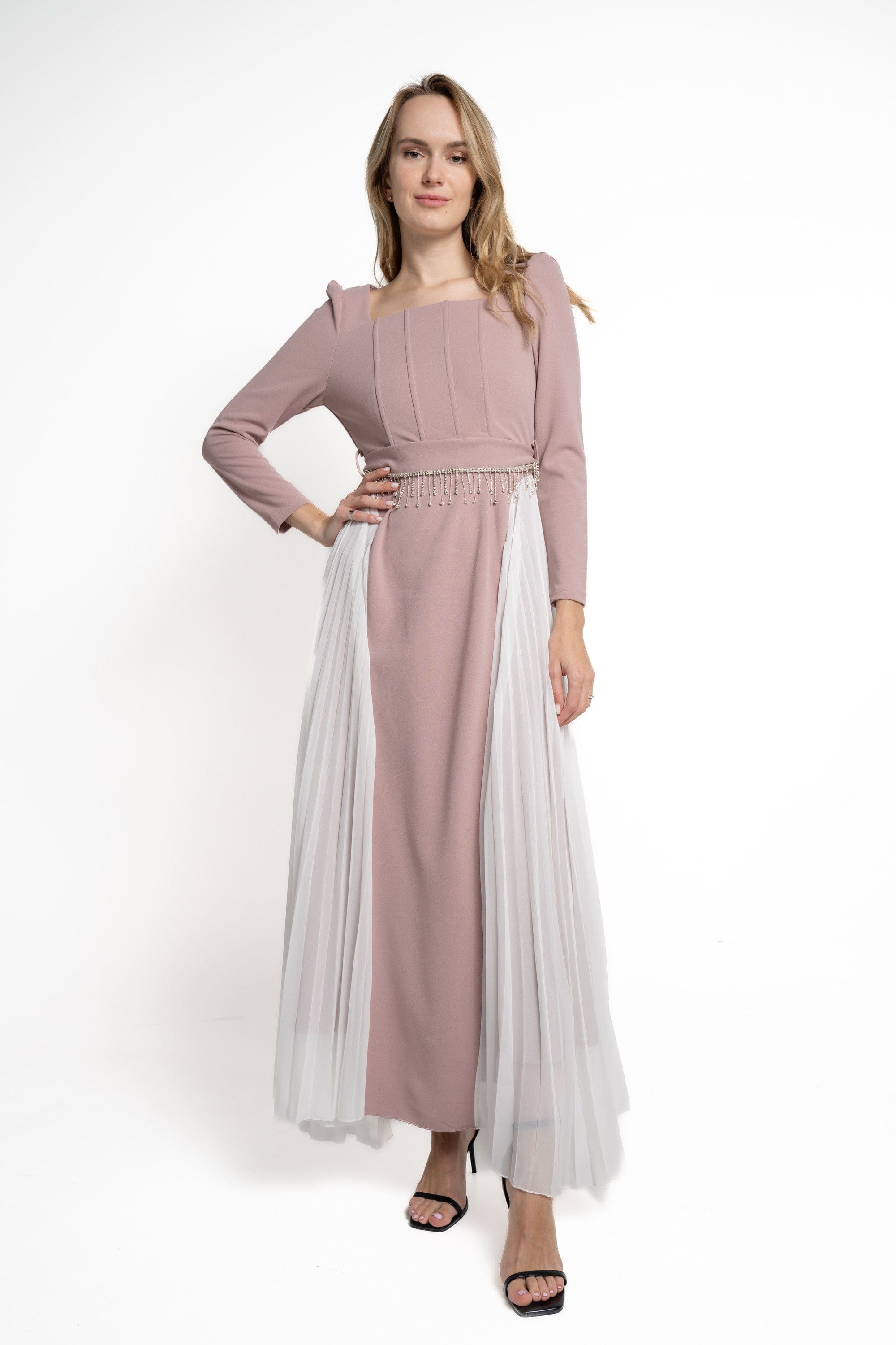 Yola Maxi Pleated Dress with Side Pleats, Long Sleeve