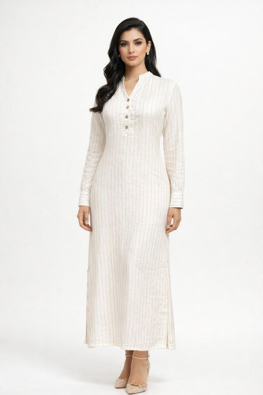 Long-Sleeve Vertically Striped Midi Dress