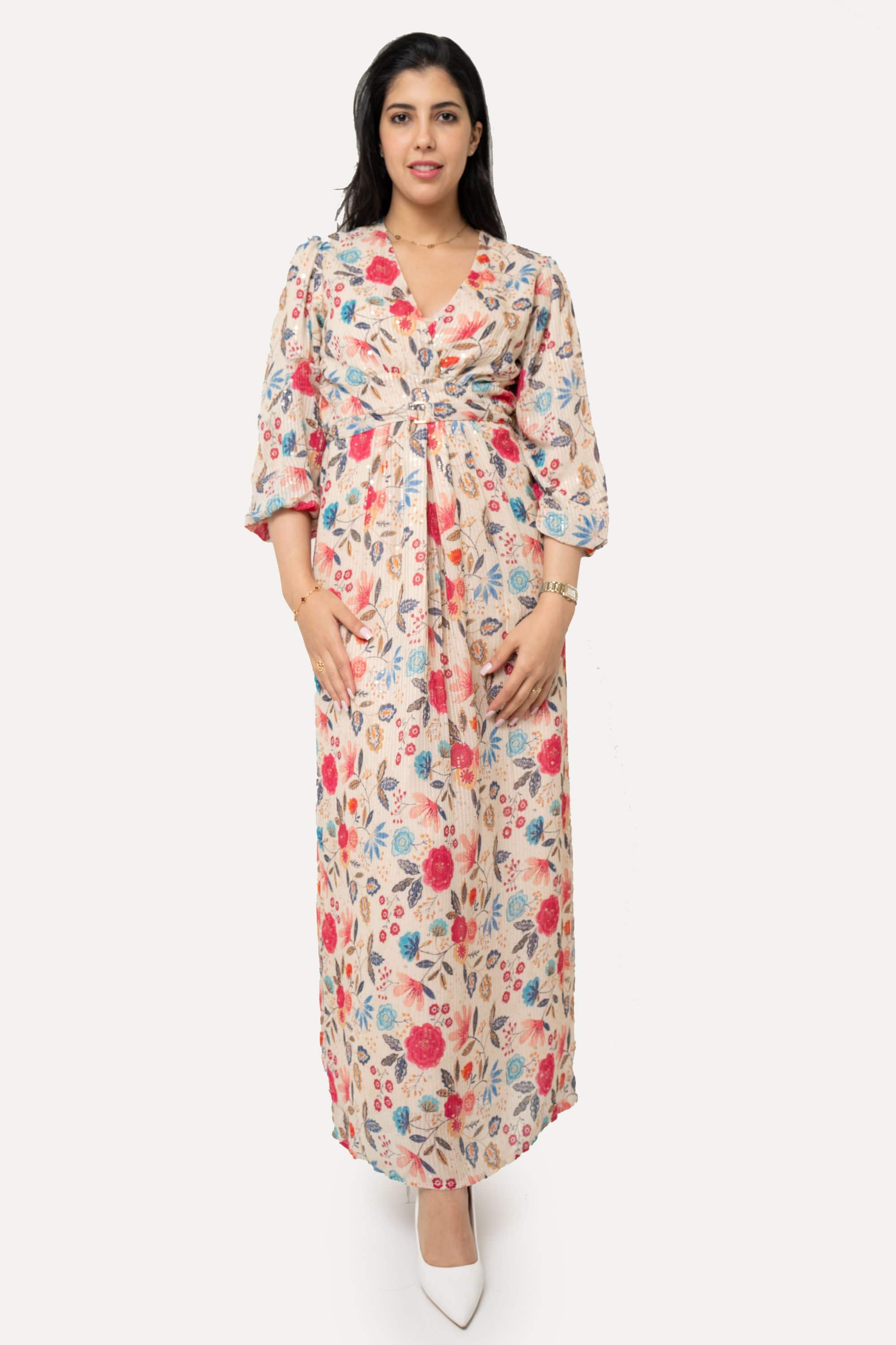 Yola Long Dress with High Waist Belt and Printed Neckline