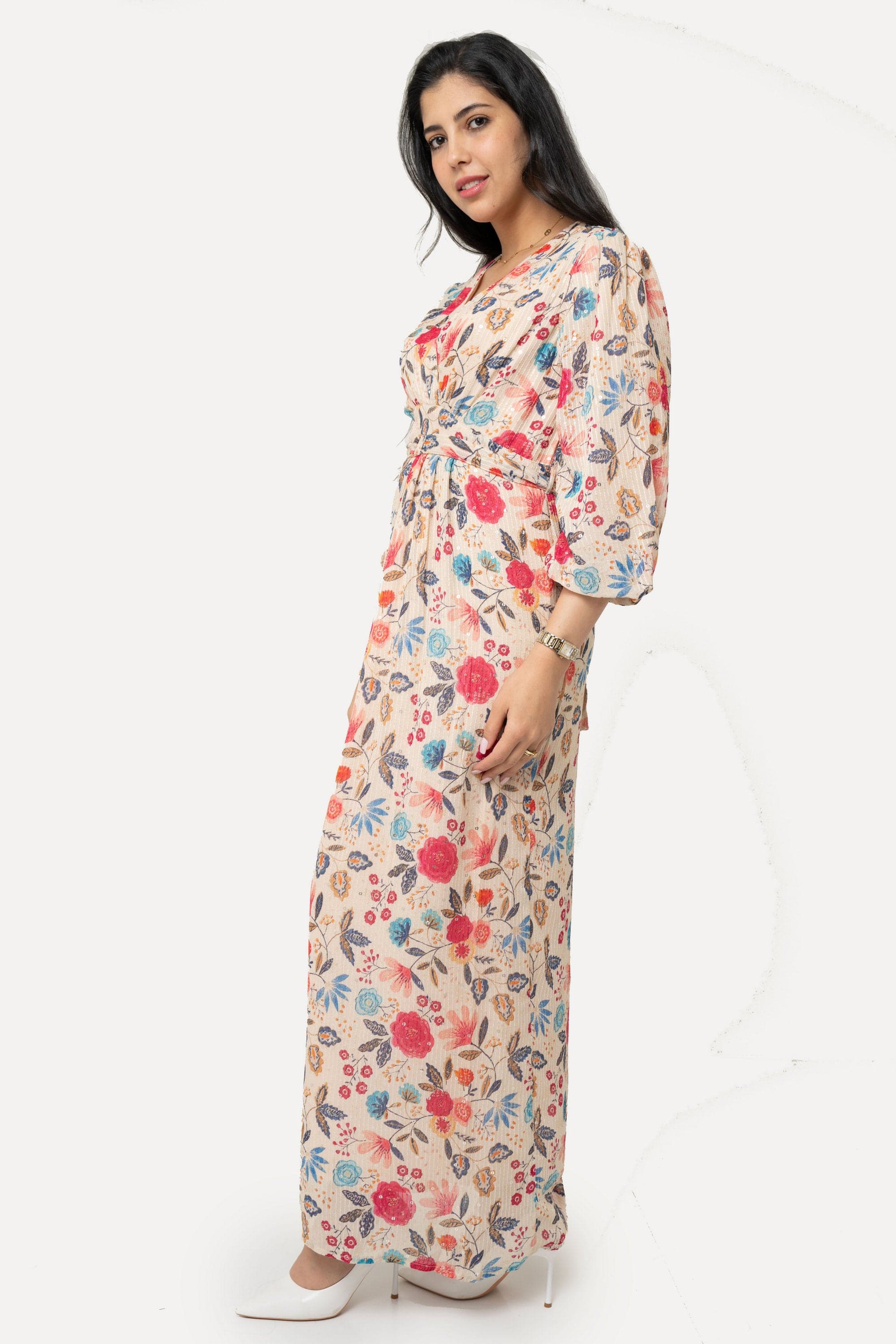 Long Dress With High Waist Belt And Printed Neckline