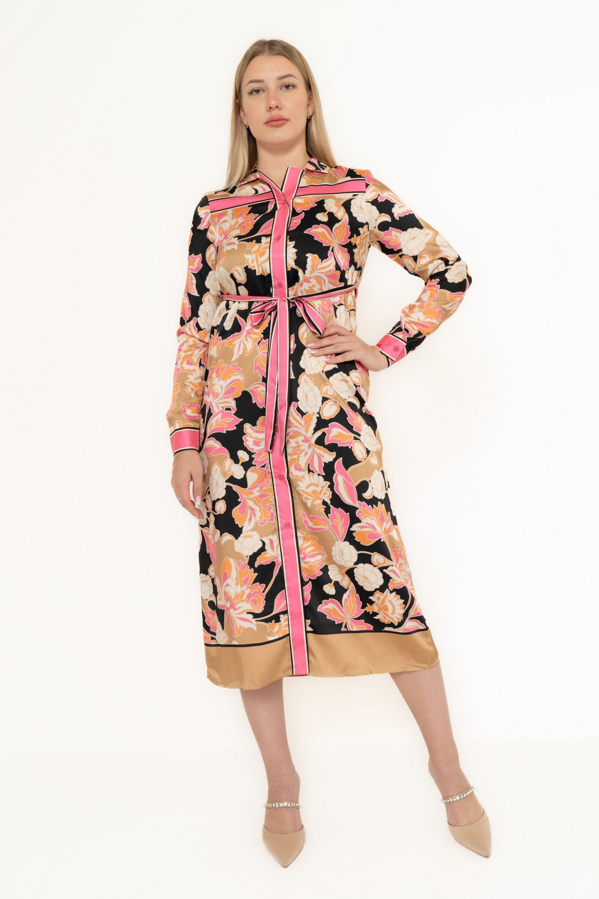 Yola Printed Colorful Midi Dress with Long Sleeves