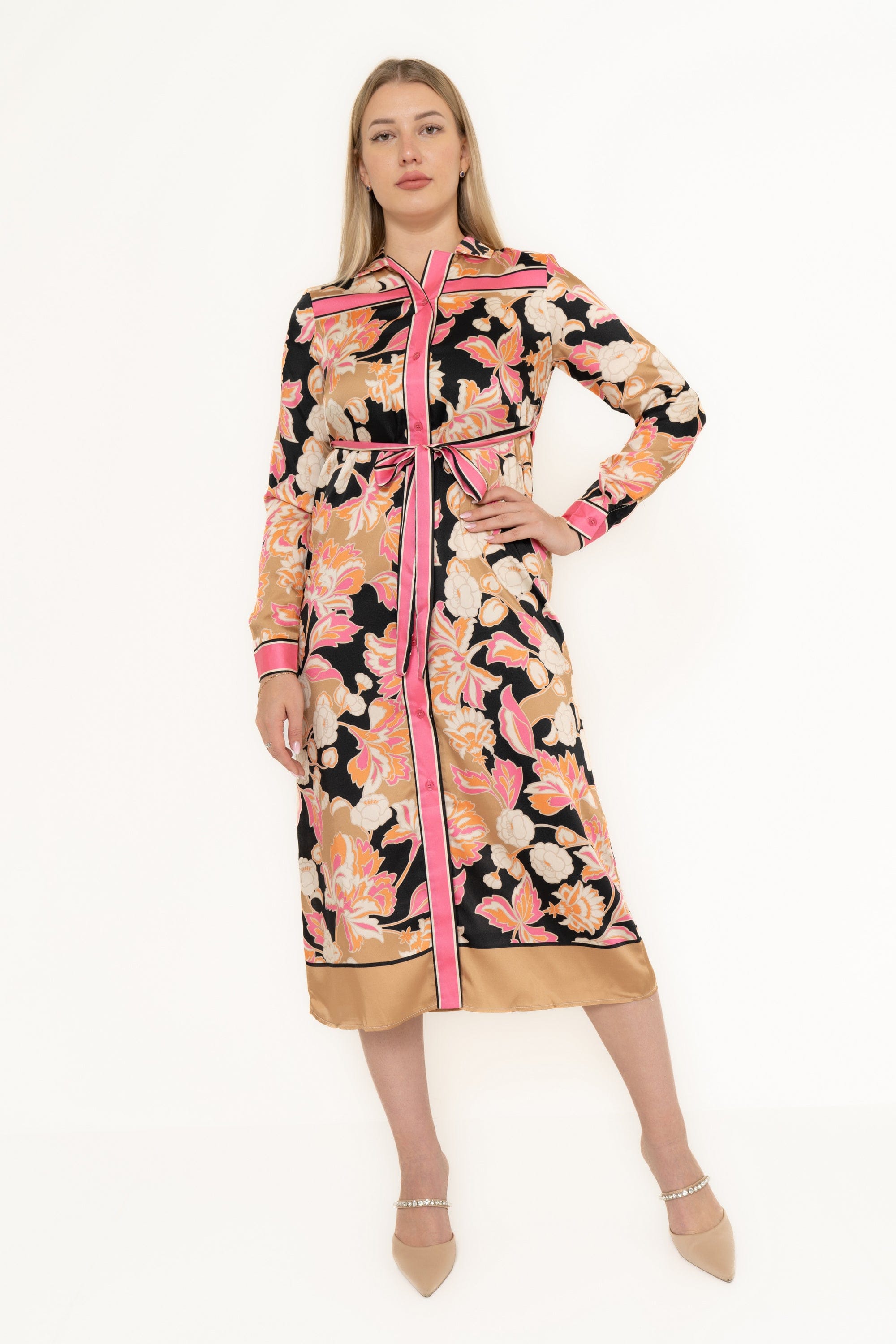 Printed Colorful Midi Dress With Long Sleeves