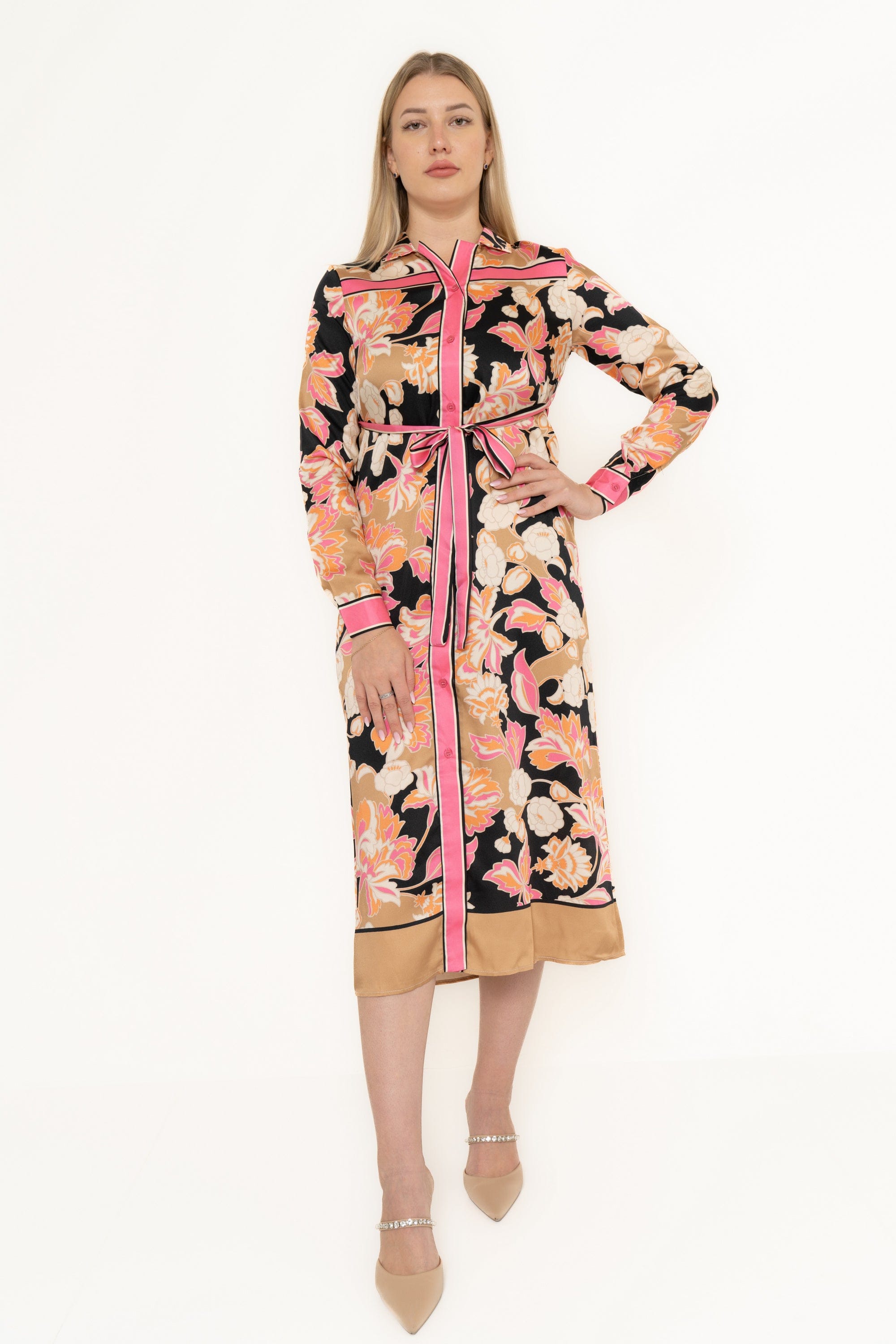 Printed Colorful Midi Dress With Long Sleeves