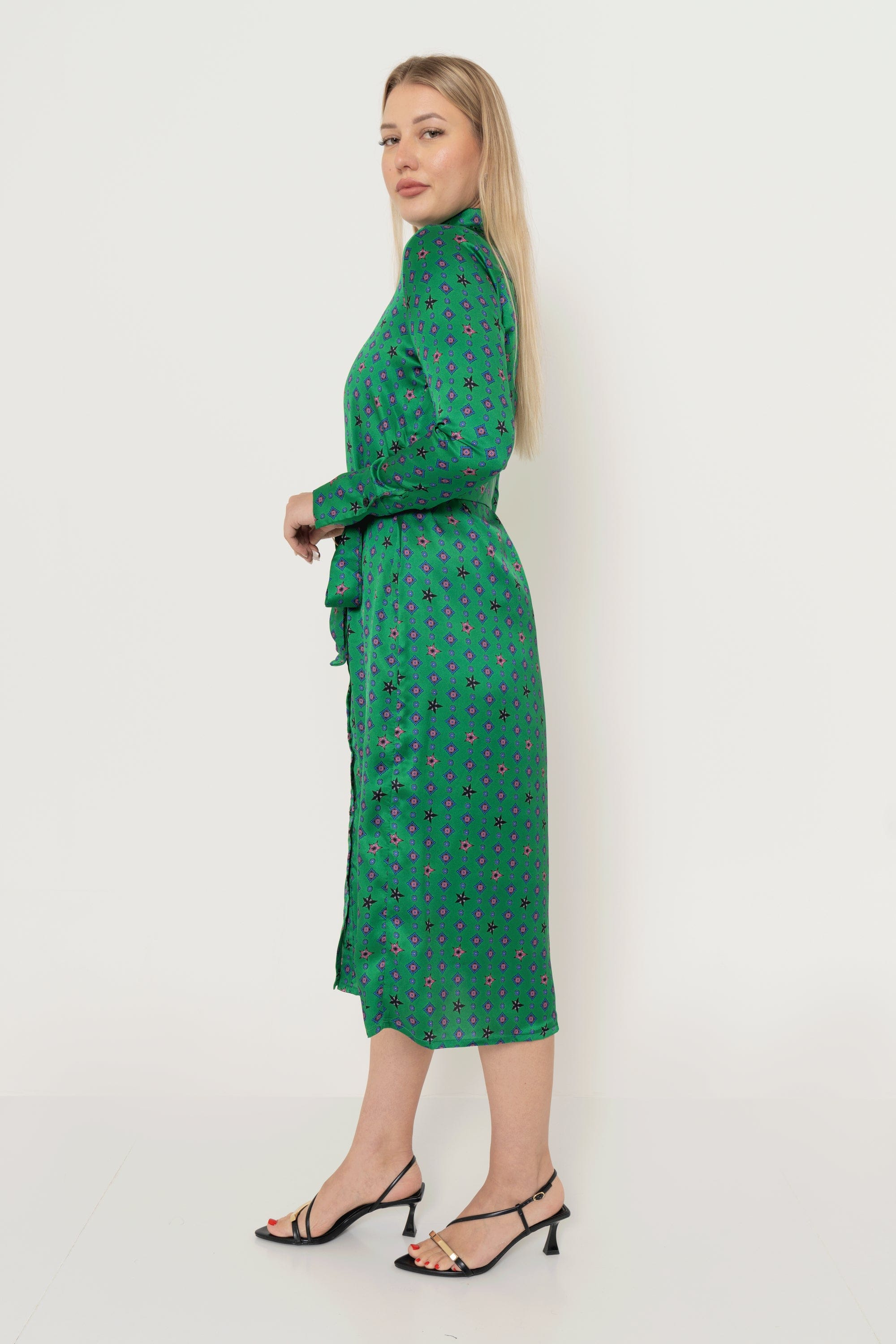 Long Sleeve Printed Midi Dress With Waist Tie