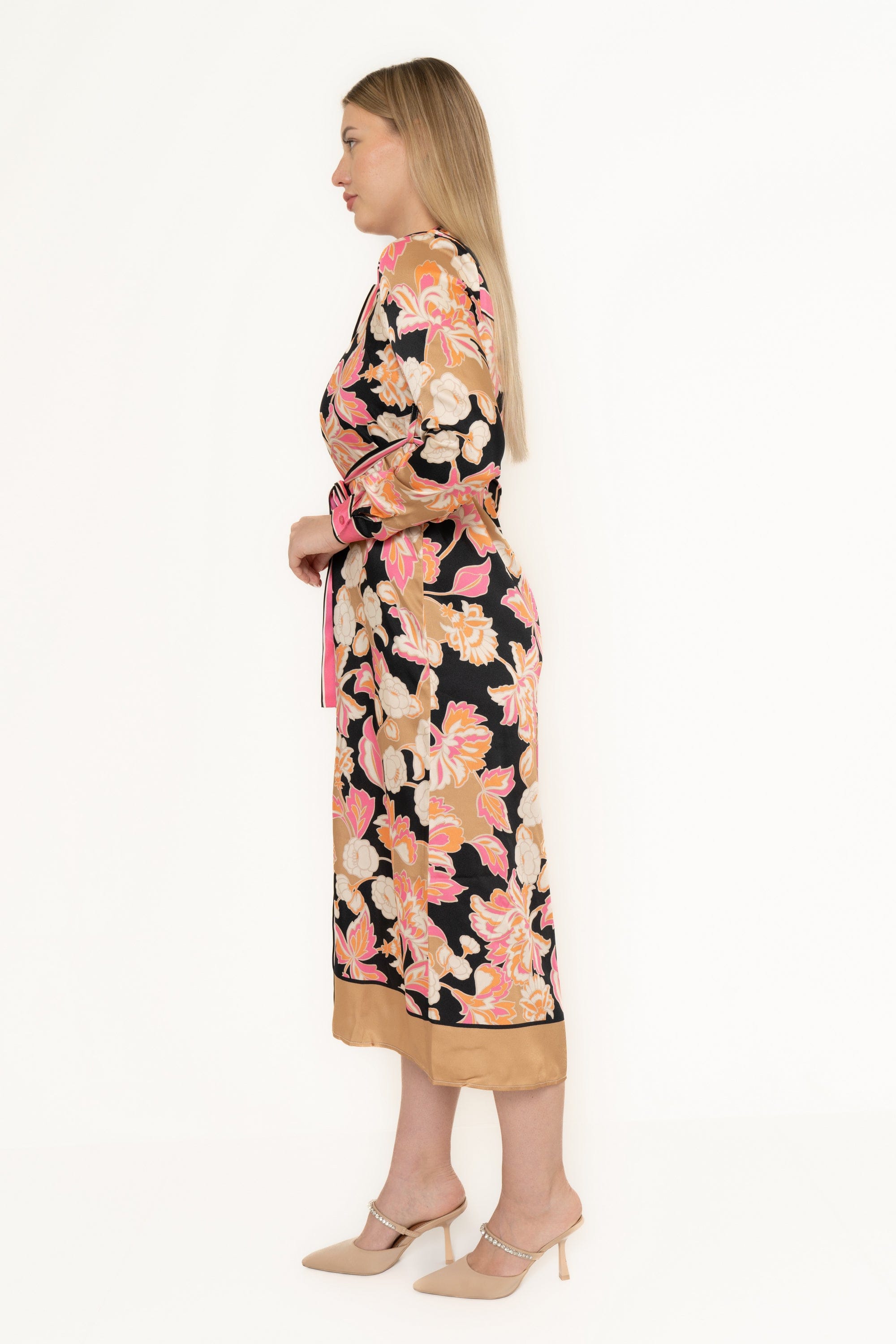 Printed Colorful Midi Dress With Long Sleeves