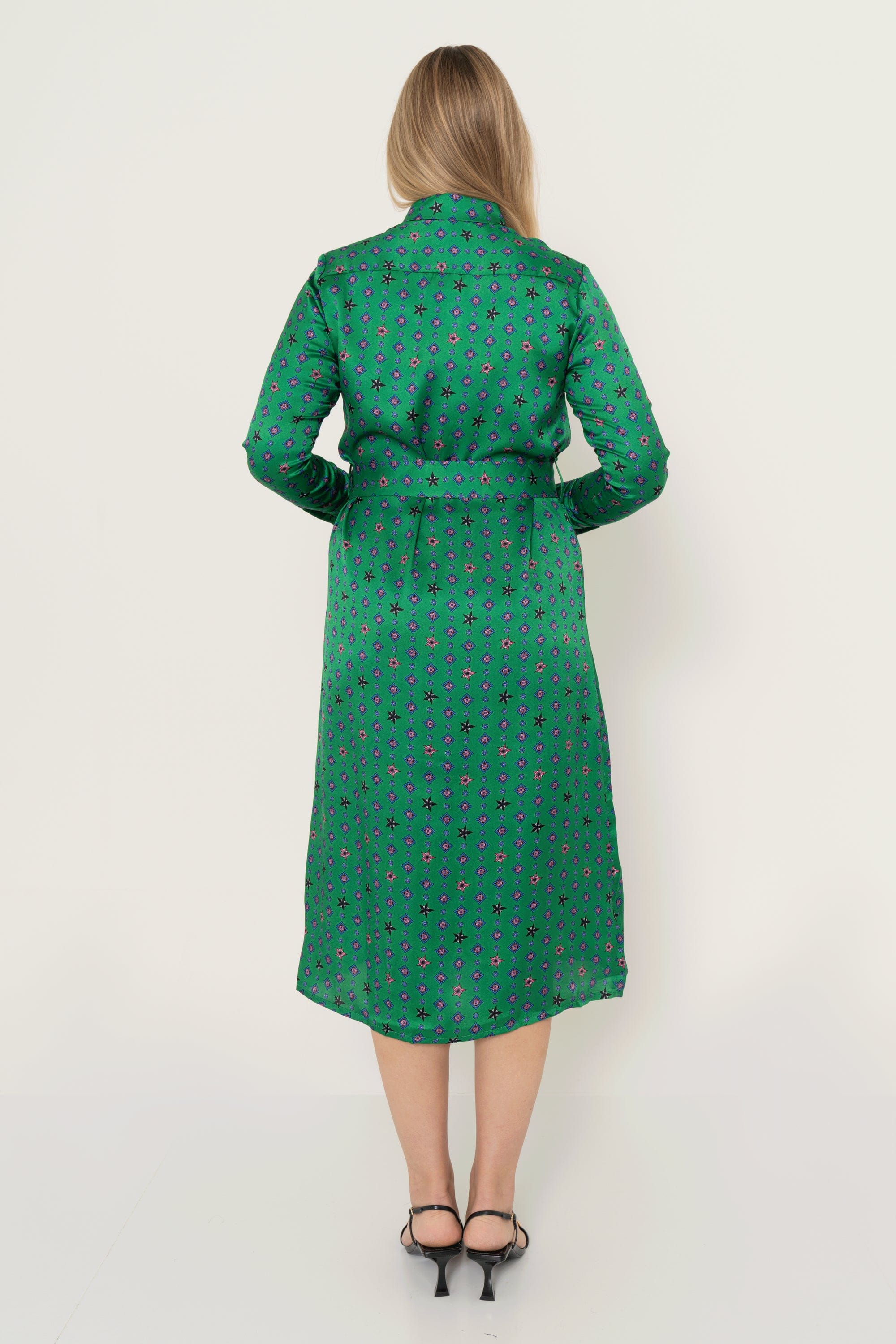 Long Sleeve Printed Midi Dress With Waist Tie