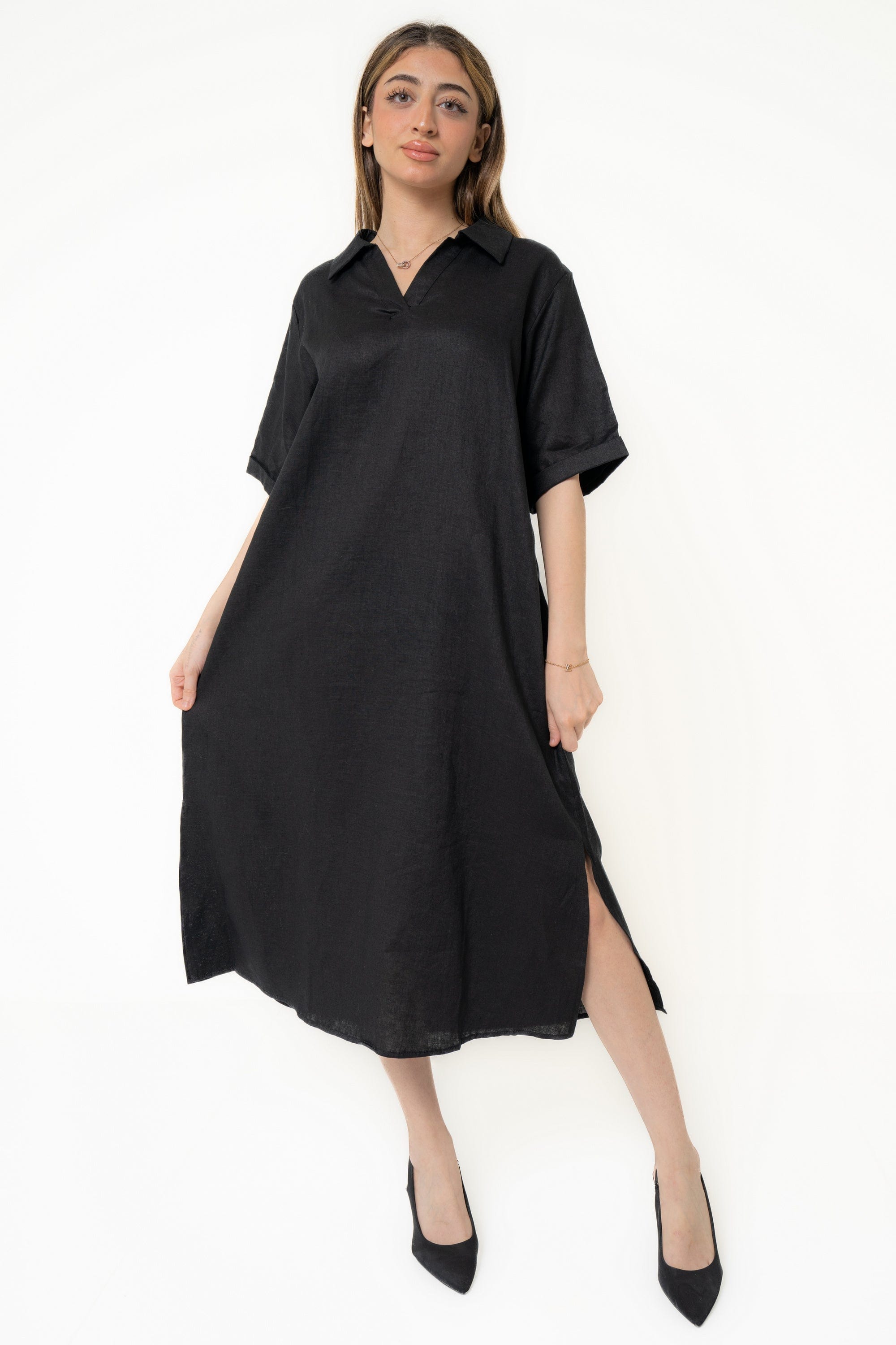 Yola Long Plain Dress with Short Opening