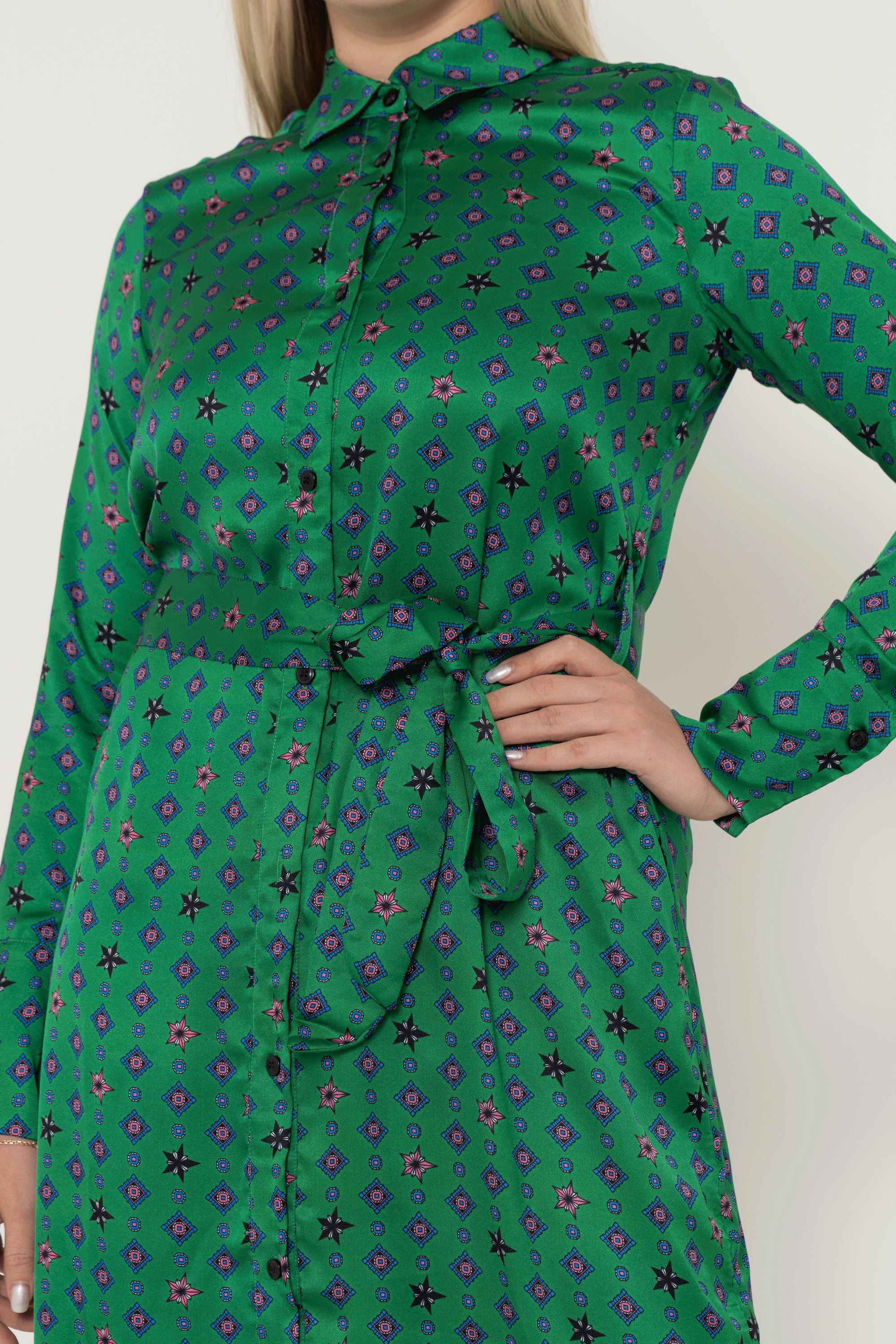 Long Sleeve Printed Midi Dress With Waist Tie
