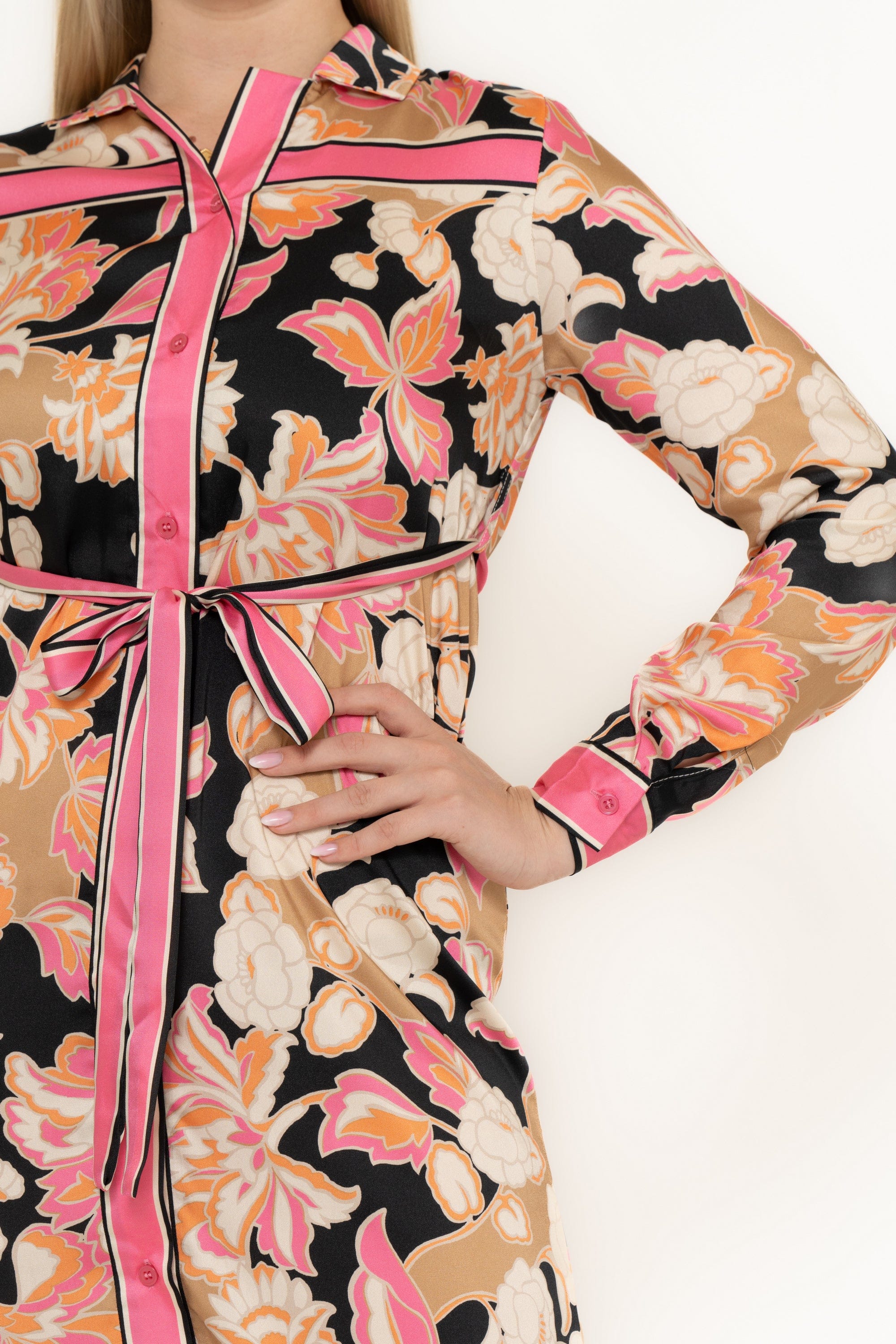Printed Colorful Midi Dress With Long Sleeves