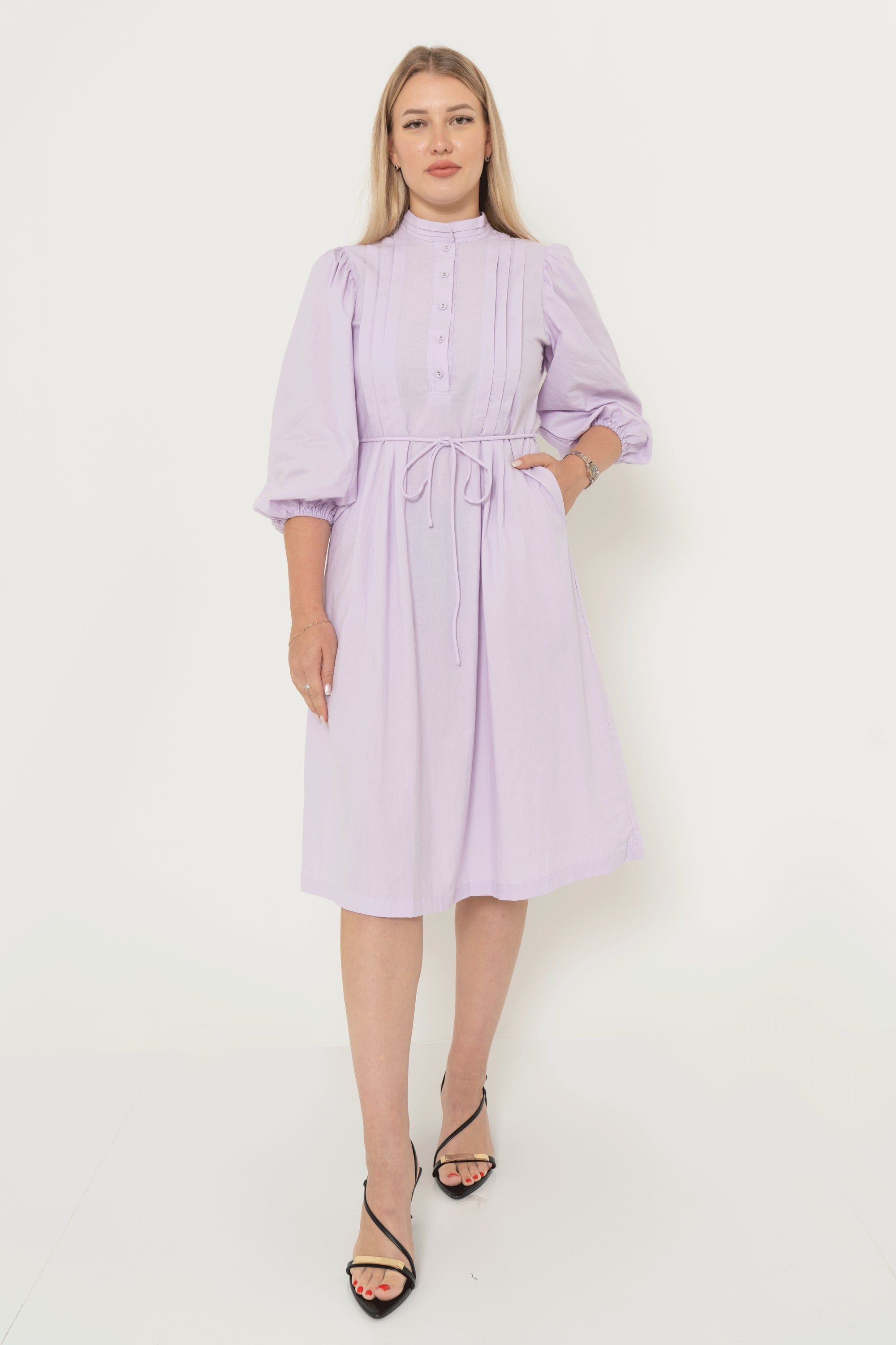 Yola Solid color midi dress with pockets and long sleeves