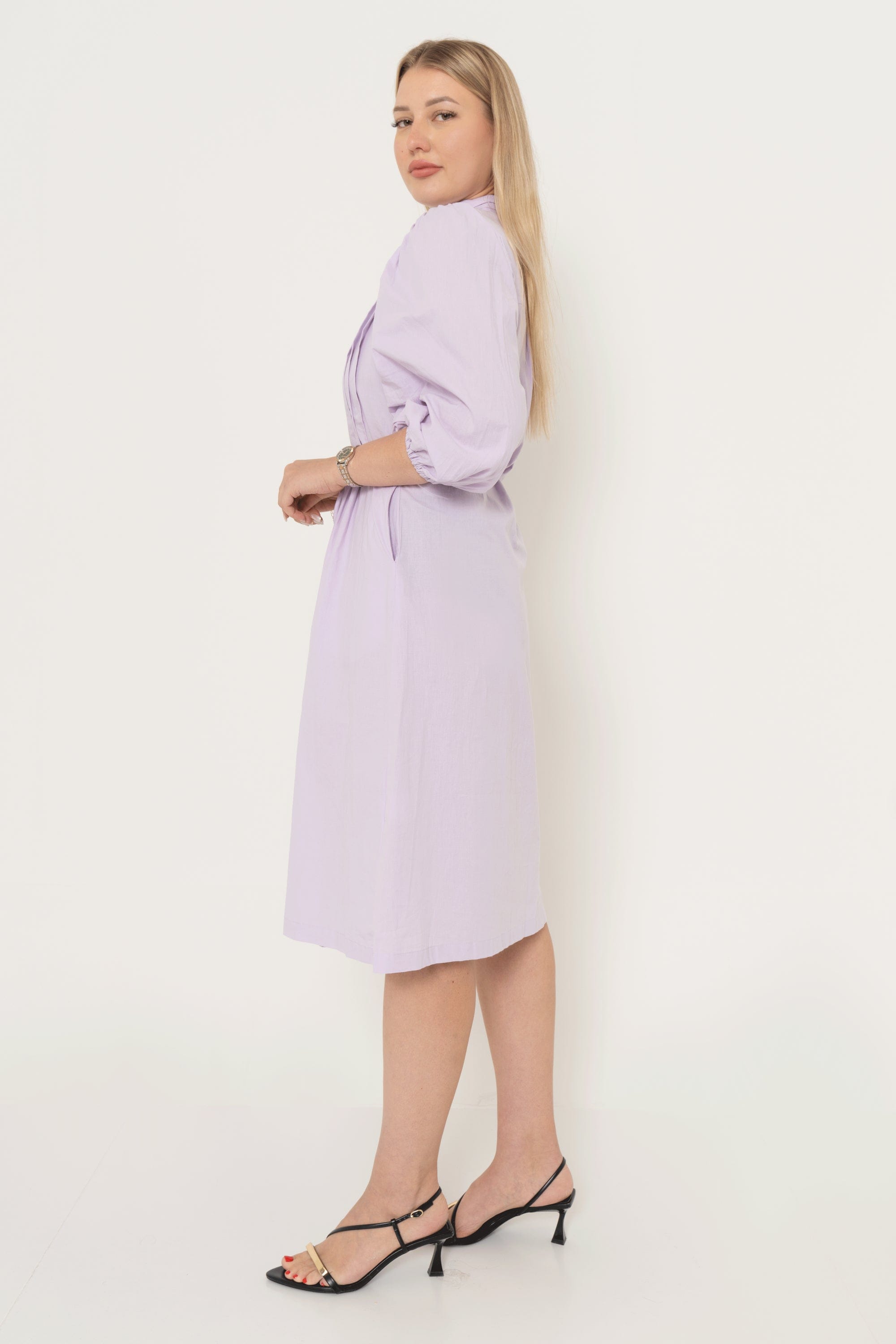 Solid Color Midi Dress With Pockets And Long Sleeves