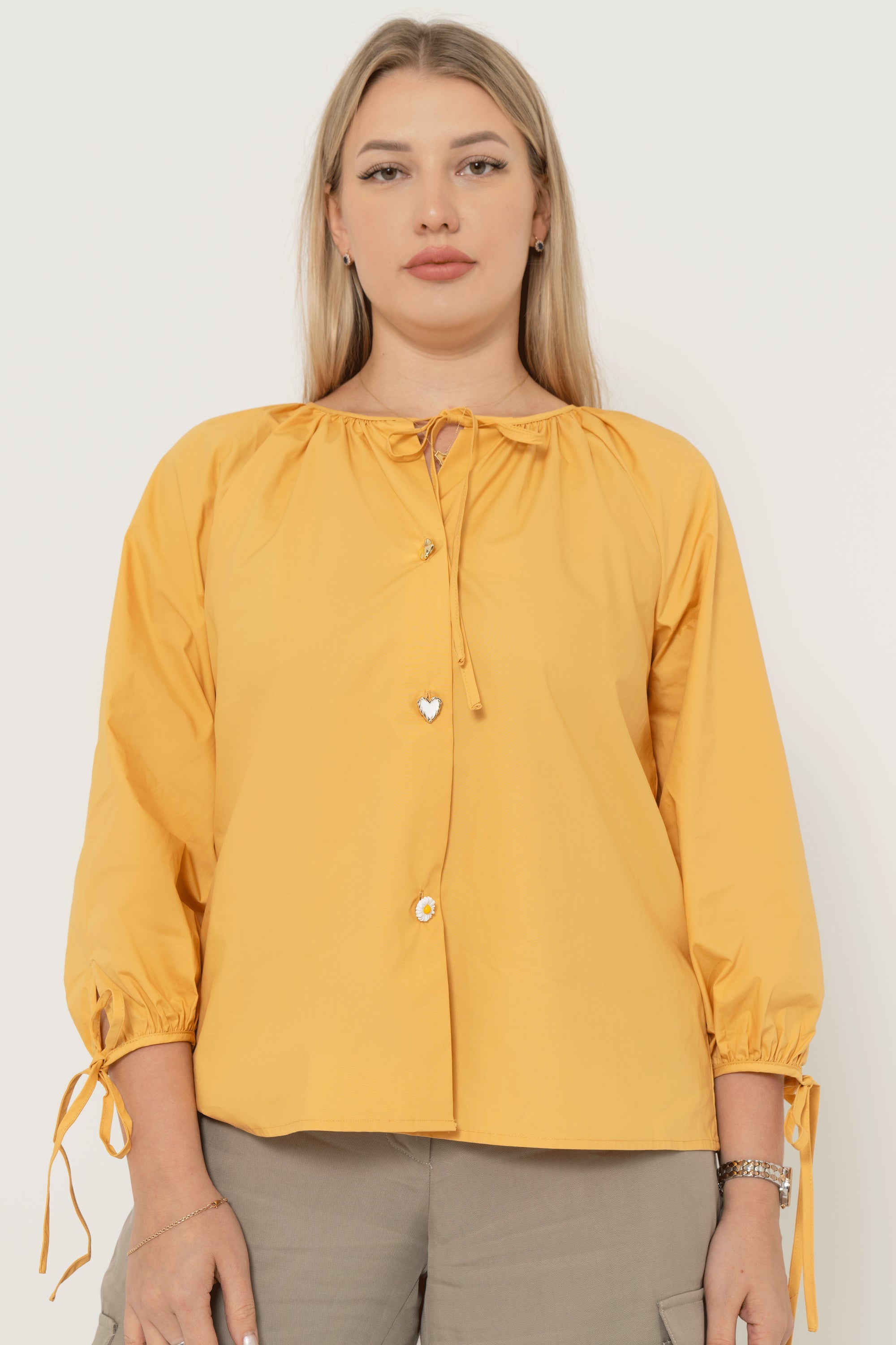 Yola Solid Color Blouse with Heart-Shaped Buttons, Long Sleeves