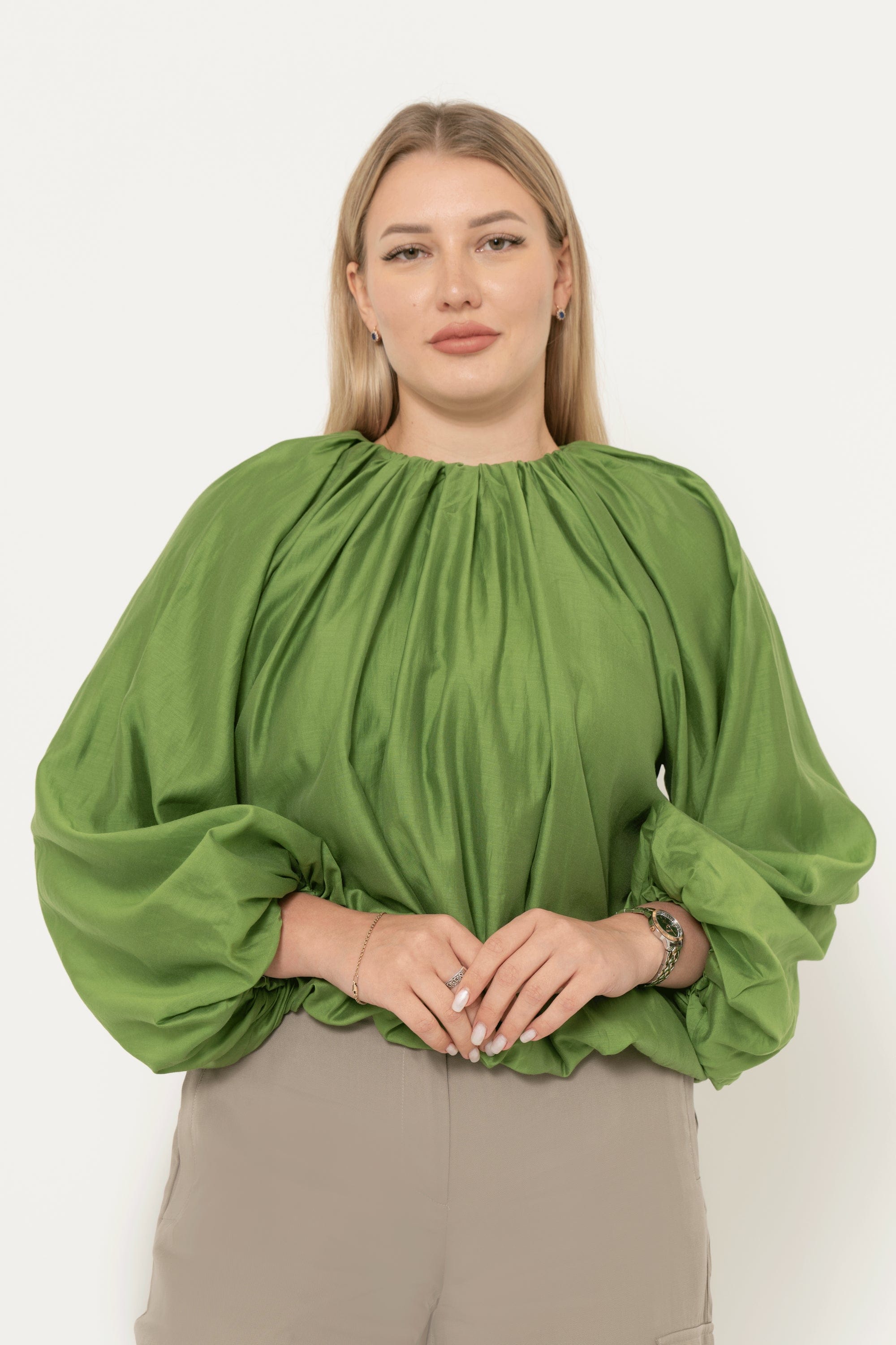 Yola Solid Ruffled Long Sleeve Blouse