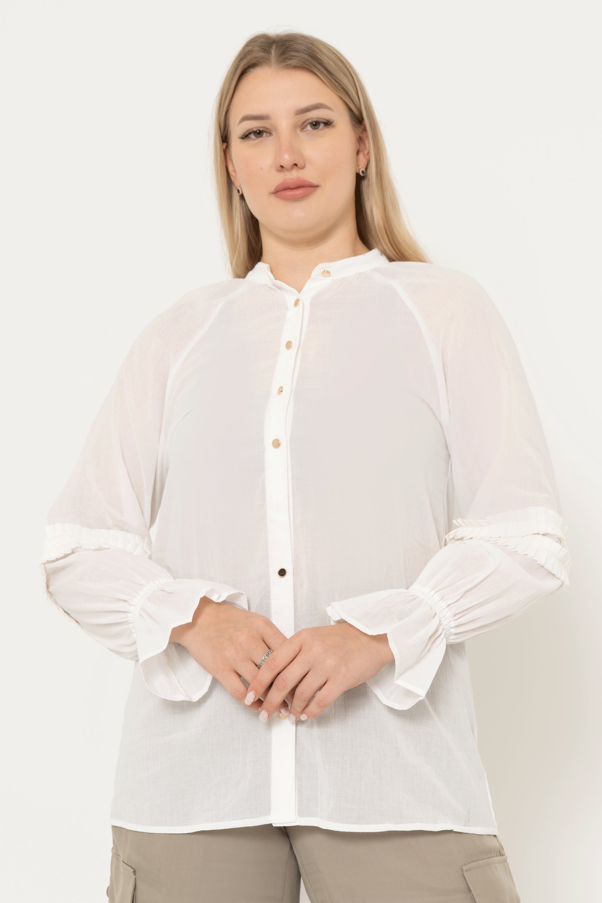 Yola Solid Color Blouse with Front Buttons, Long Sleeve, Ruffled