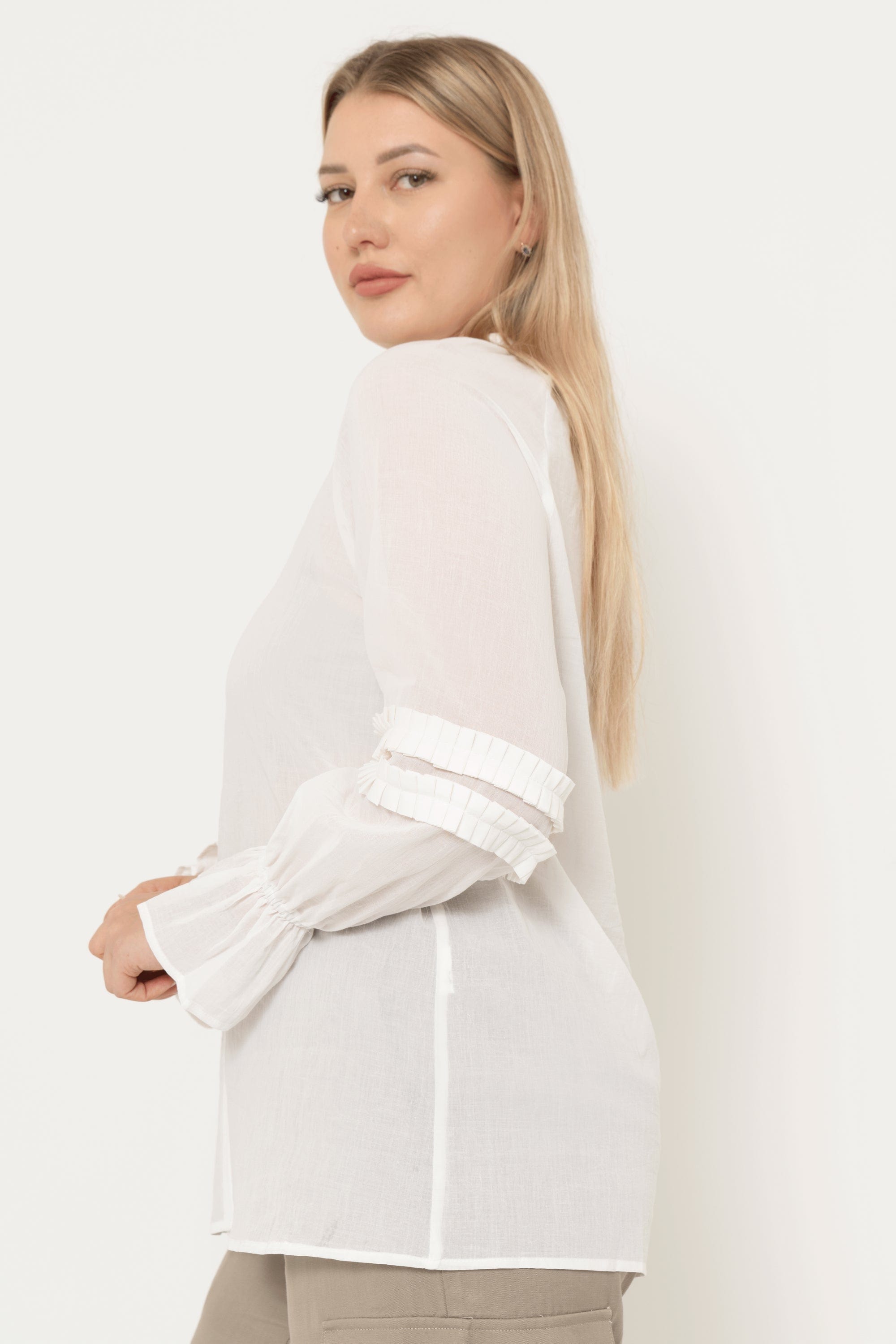 Solid Color Blouse With Front Buttons, Long Sleeve, Ruffled