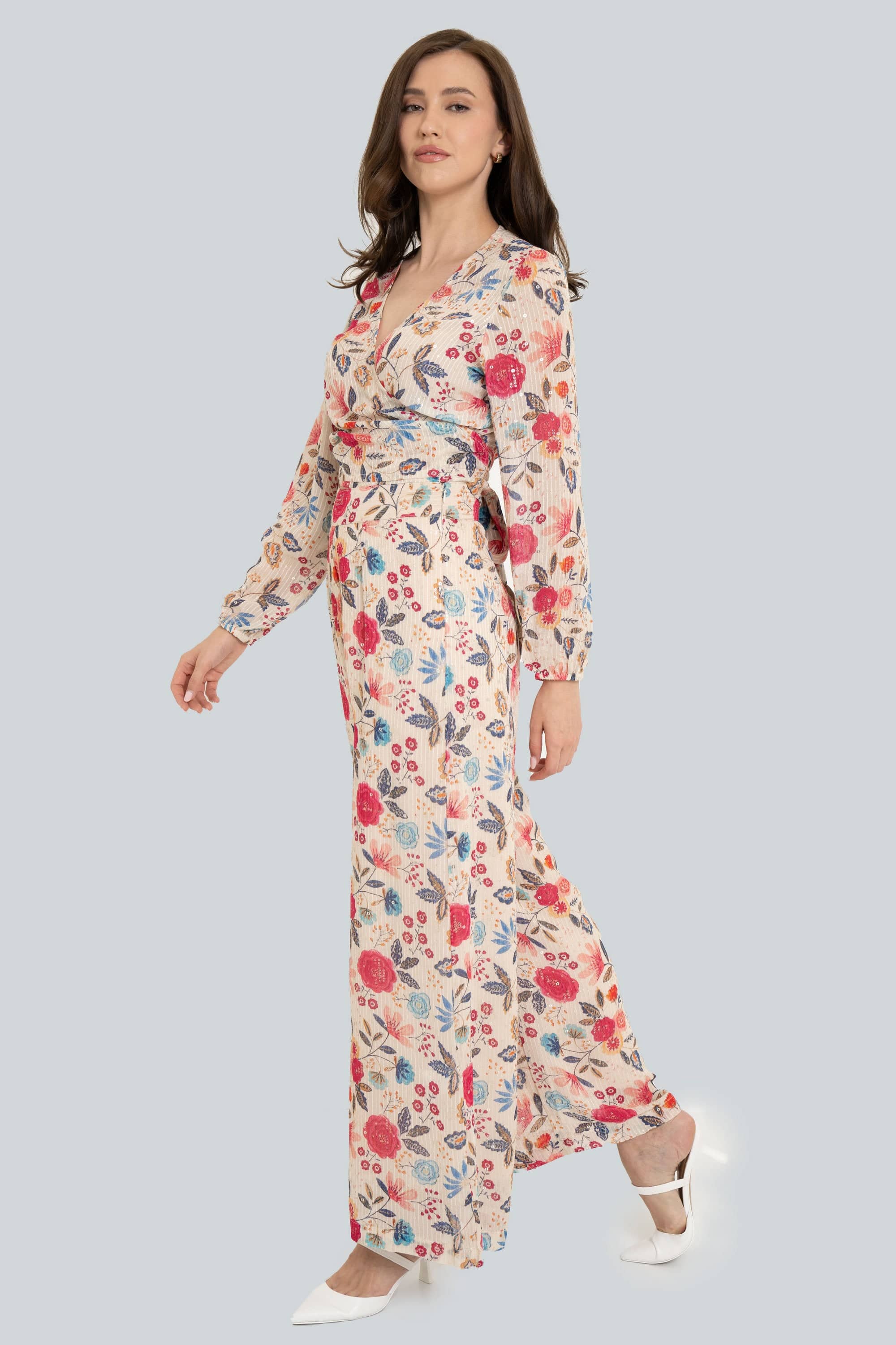V-Neck Floral Long Sleeve Cropped Blouse