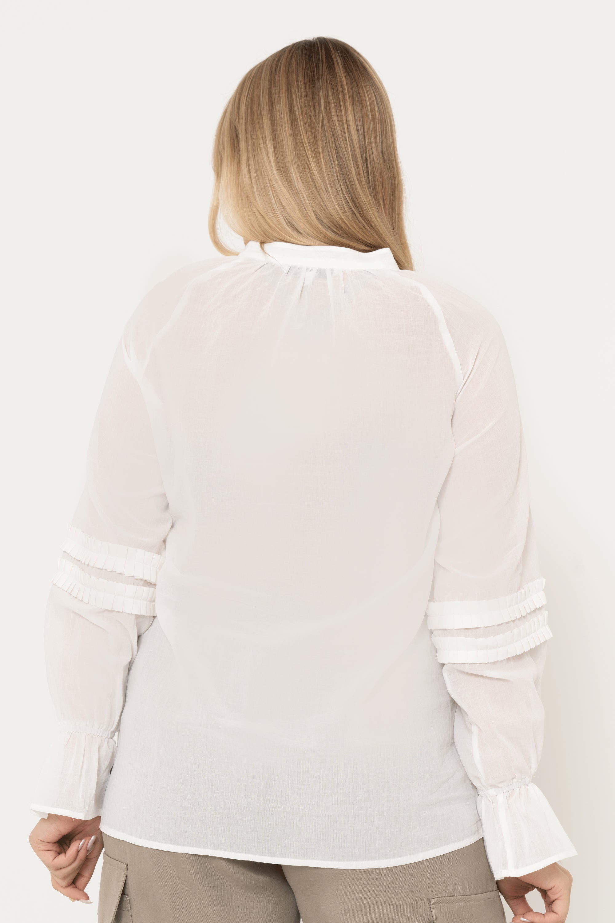 Yola Solid Color Blouse with Front Buttons, Long Sleeve, Ruffled