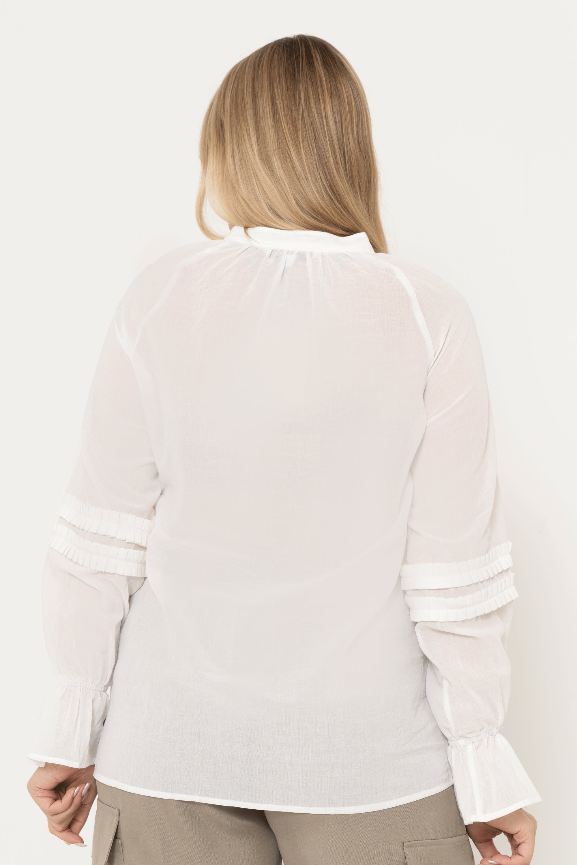 Solid Color Blouse With Front Buttons, Long Sleeve, Ruffled