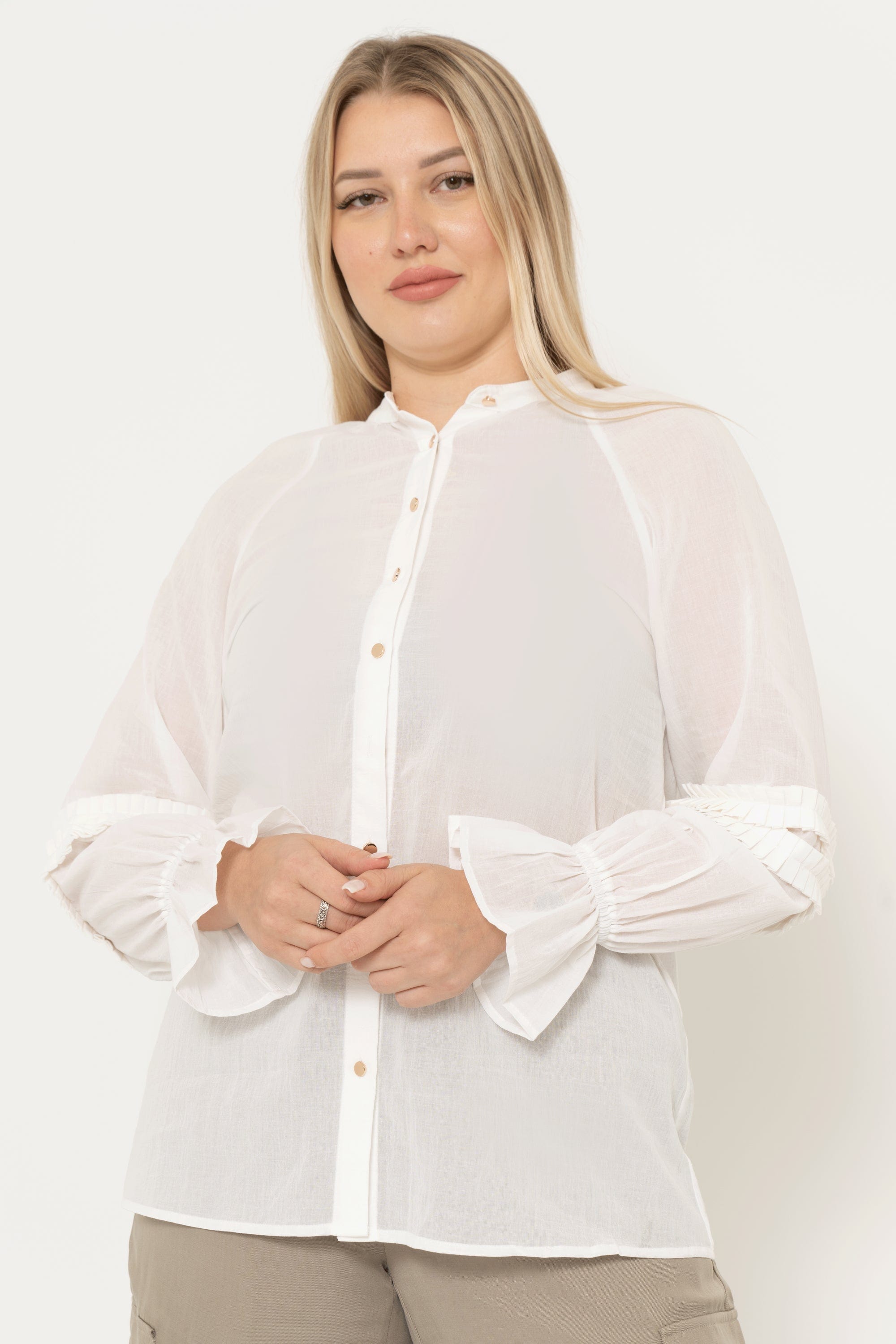 Solid Color Blouse With Front Buttons, Long Sleeve, Ruffled