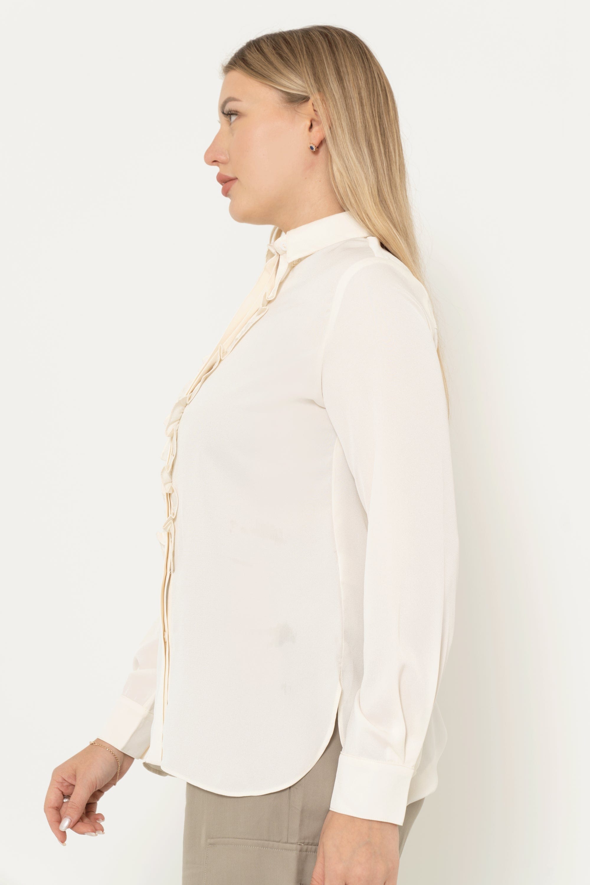 Yola long sleeve solid color blouse with ruffled buttons at the front