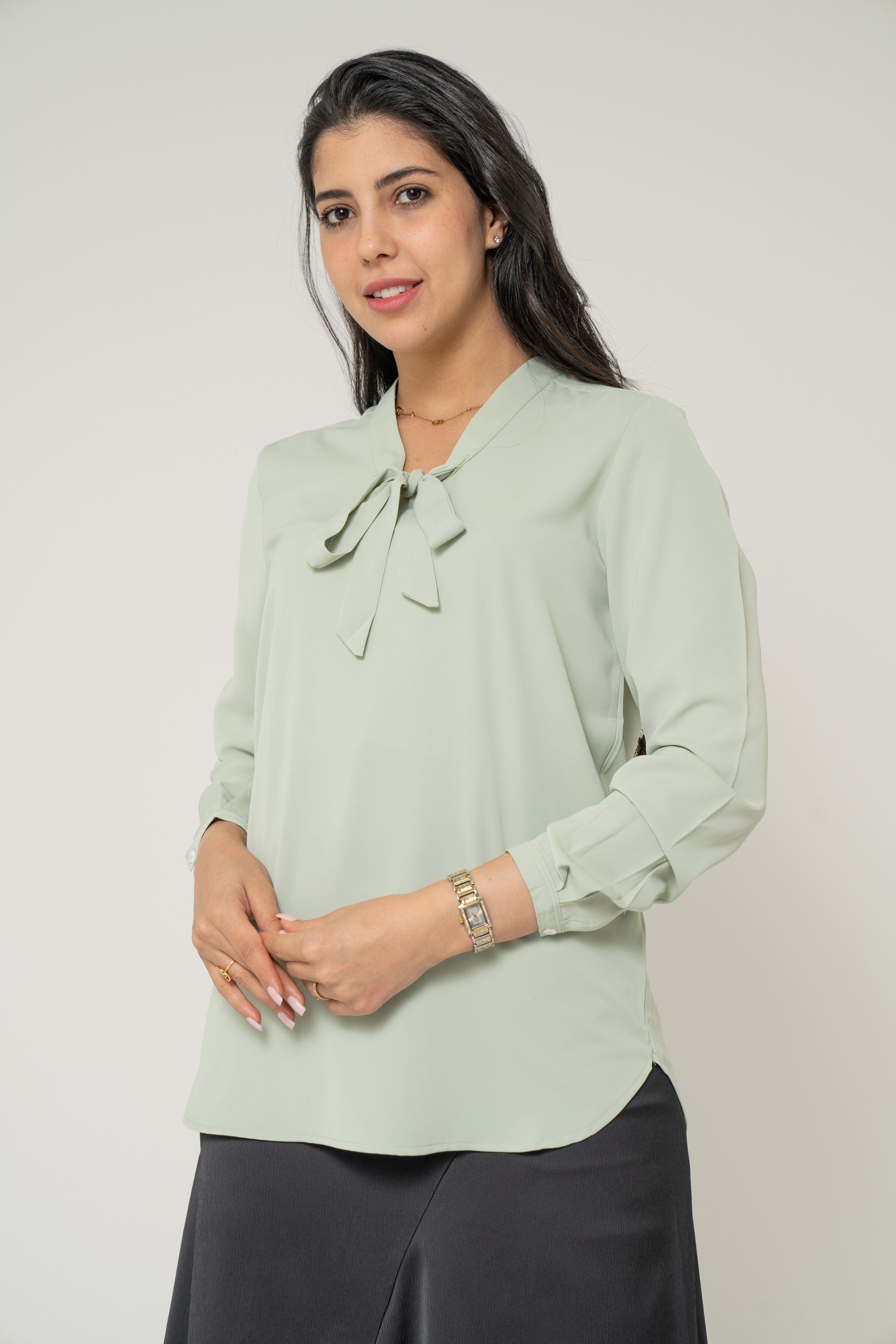 Yola Long Blouse with Neck Bow for Work