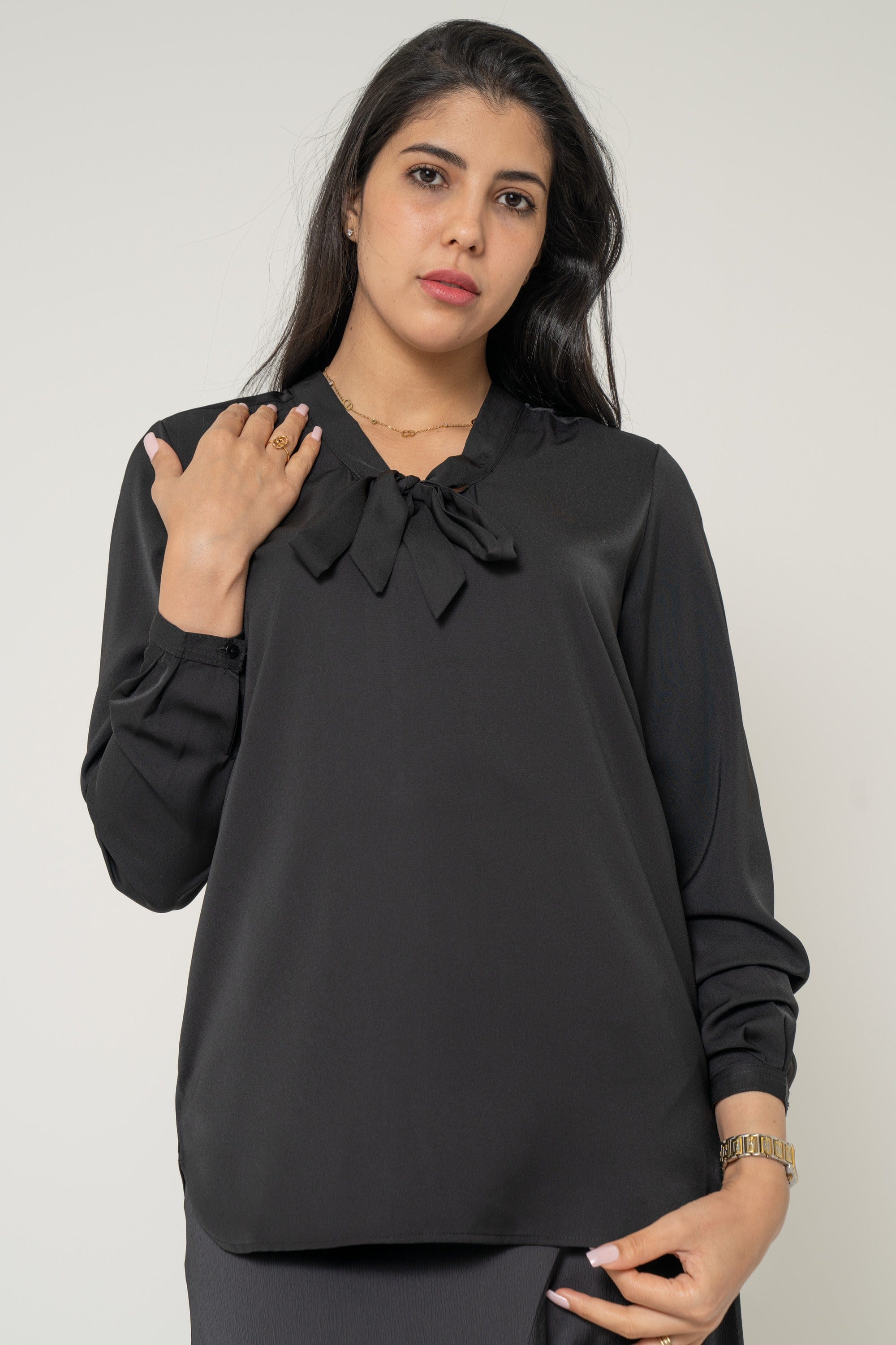 Yola Long Blouse with Bow at the Neck, Plain for Work