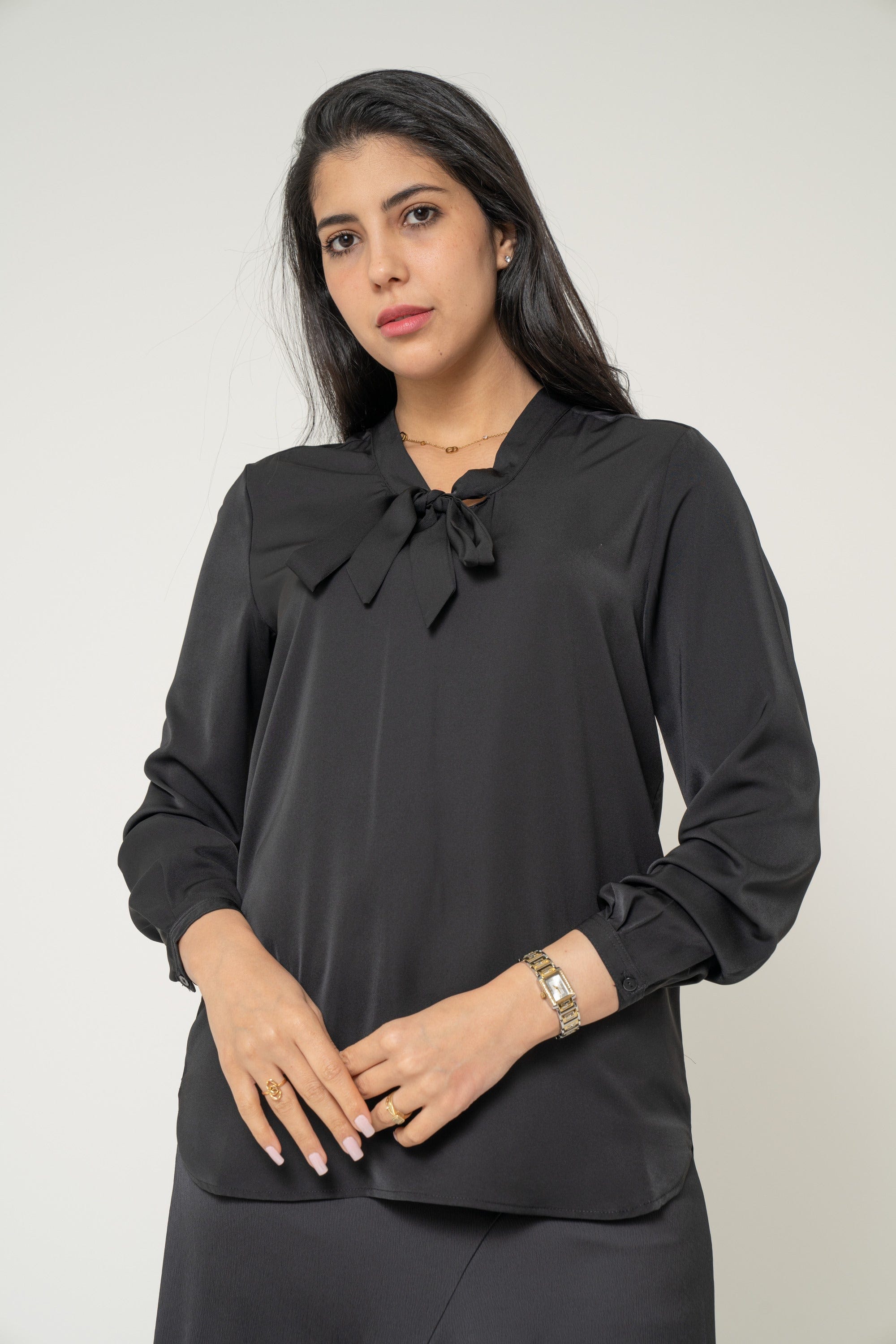 Yola Long Blouse with Bow at the Neck, Plain for Work