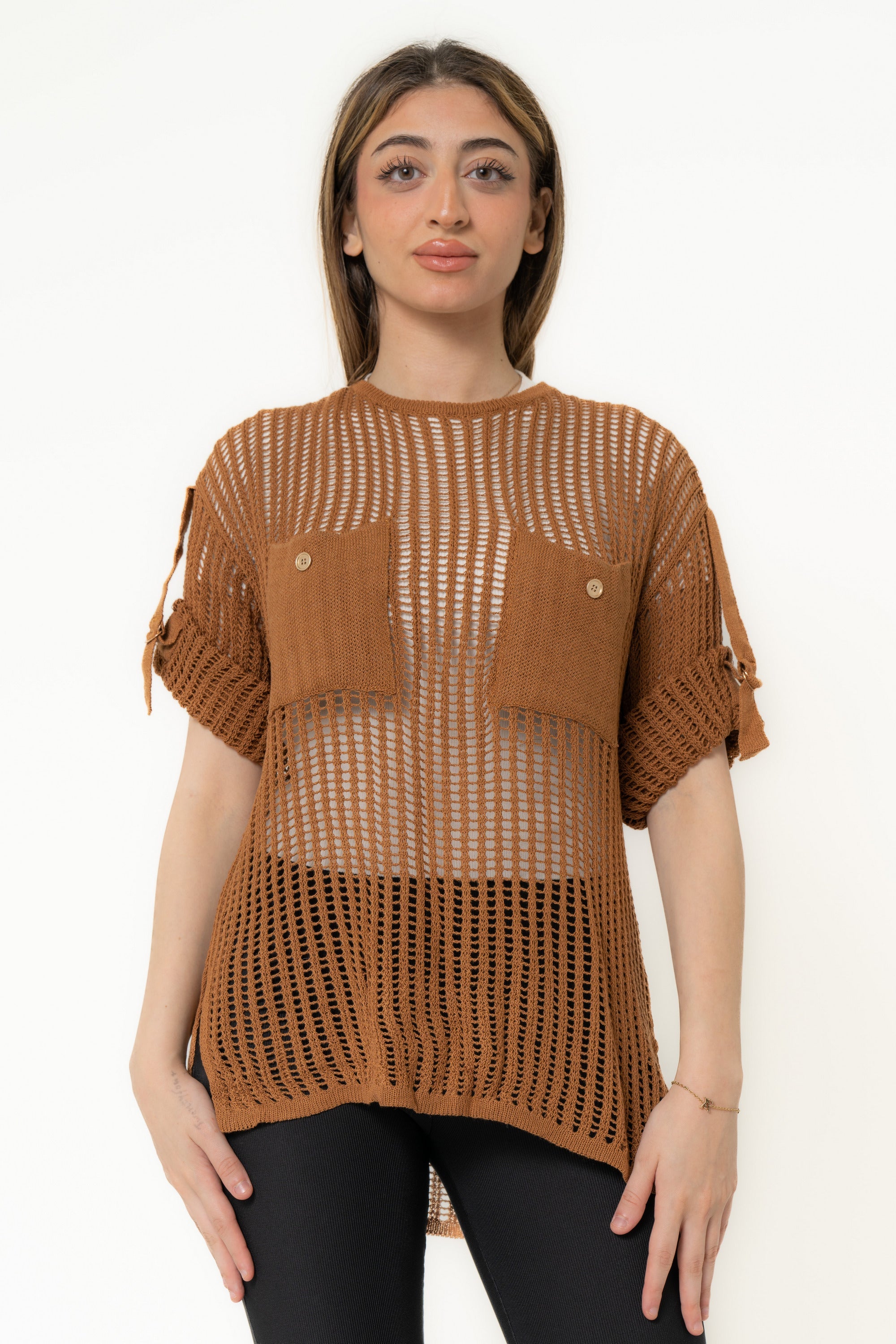 Yola Short Sleeve Hollowed Blouse with Chest Pockets