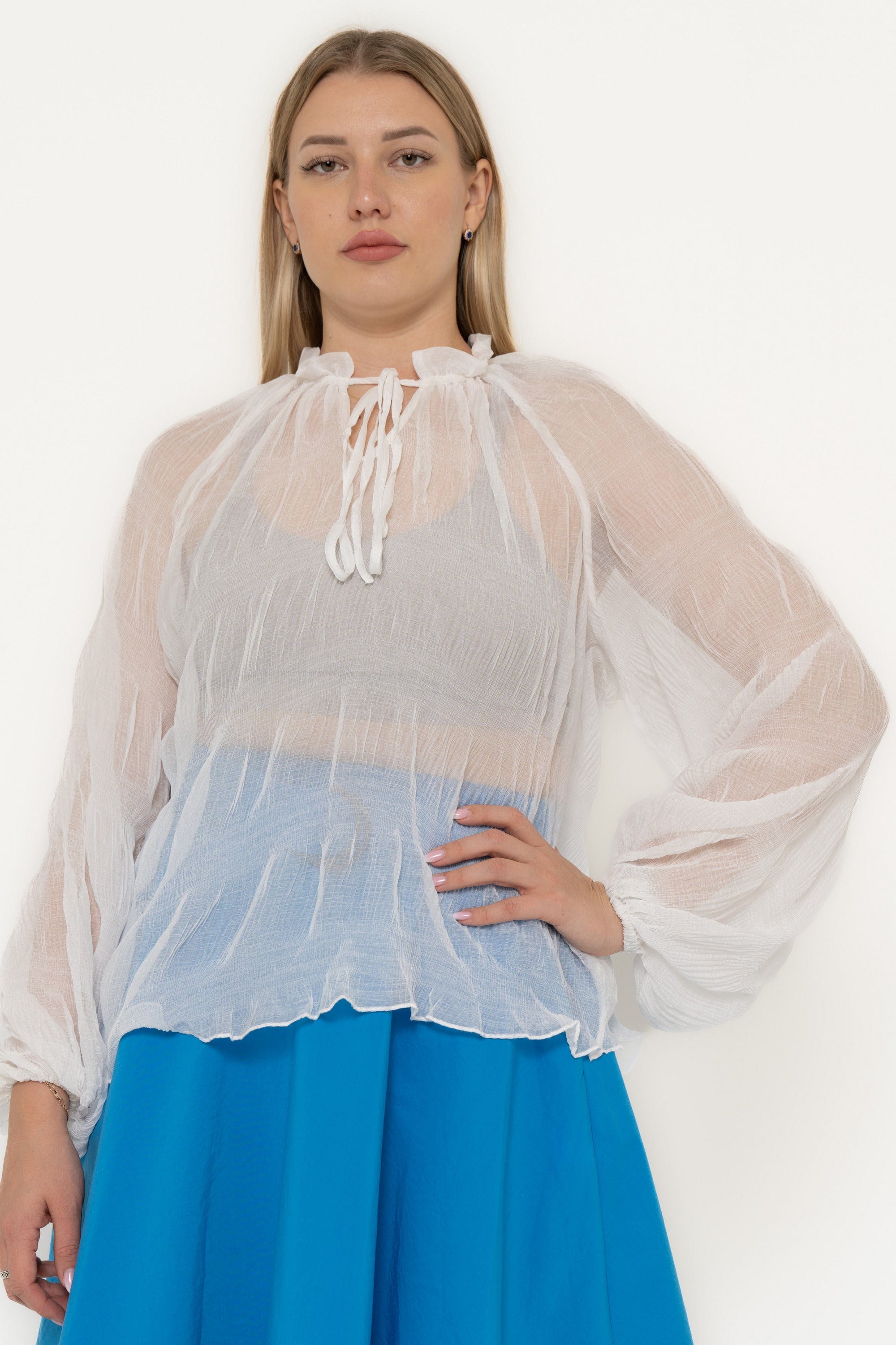 Chiffon Blouse With A Tie At The Neckline And Long Sleeves