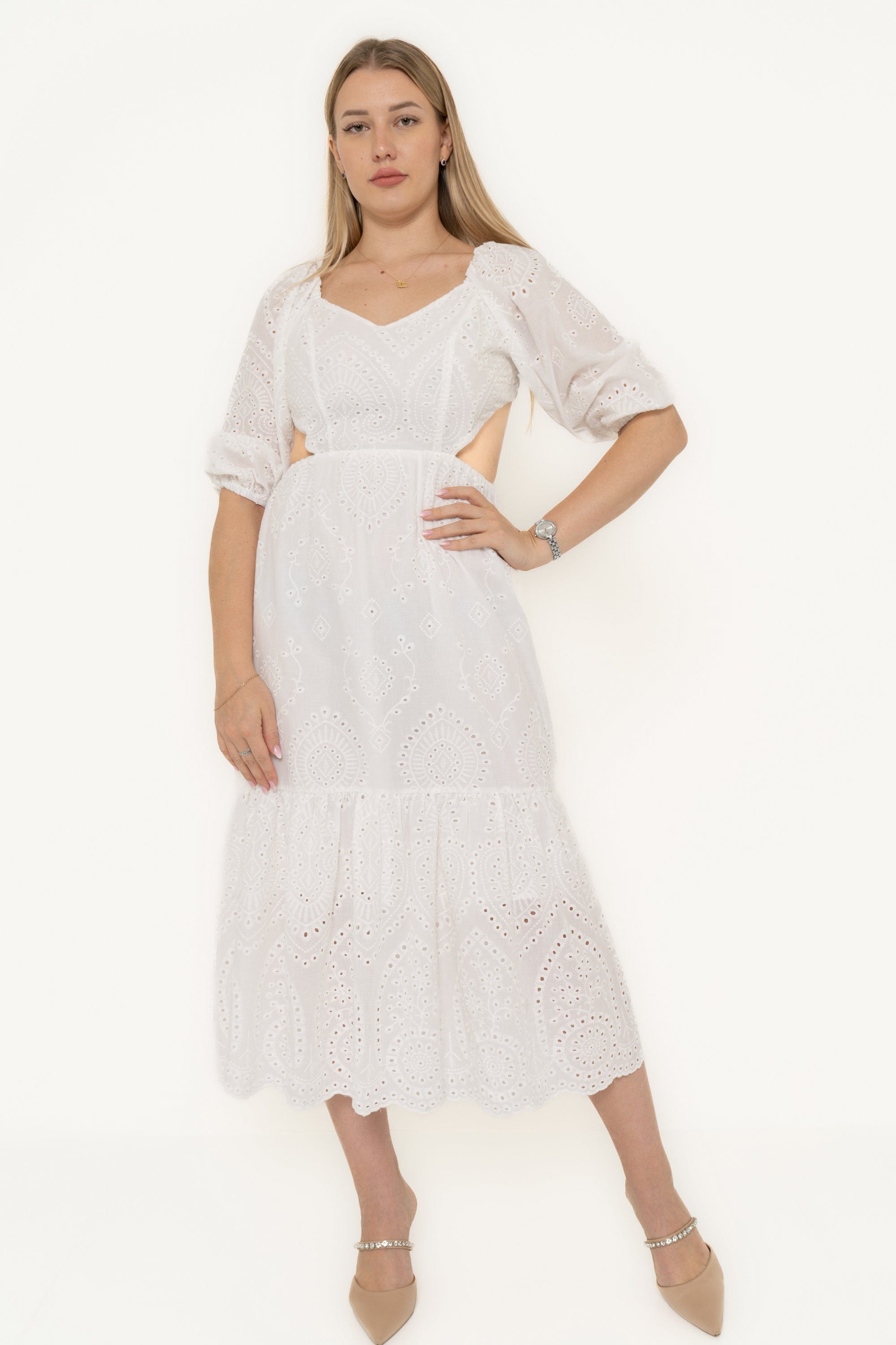 Yola Midi Dress with Short Sleeves and Ruffled Hem in Lacy Fabric