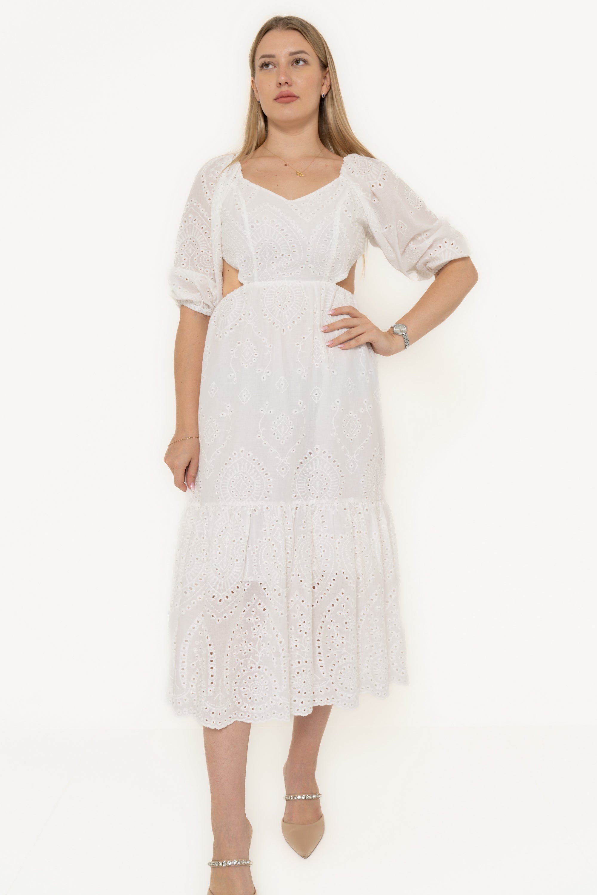 Yola Midi Dress with Short Sleeves and Ruffled Hem in Lacy Fabric