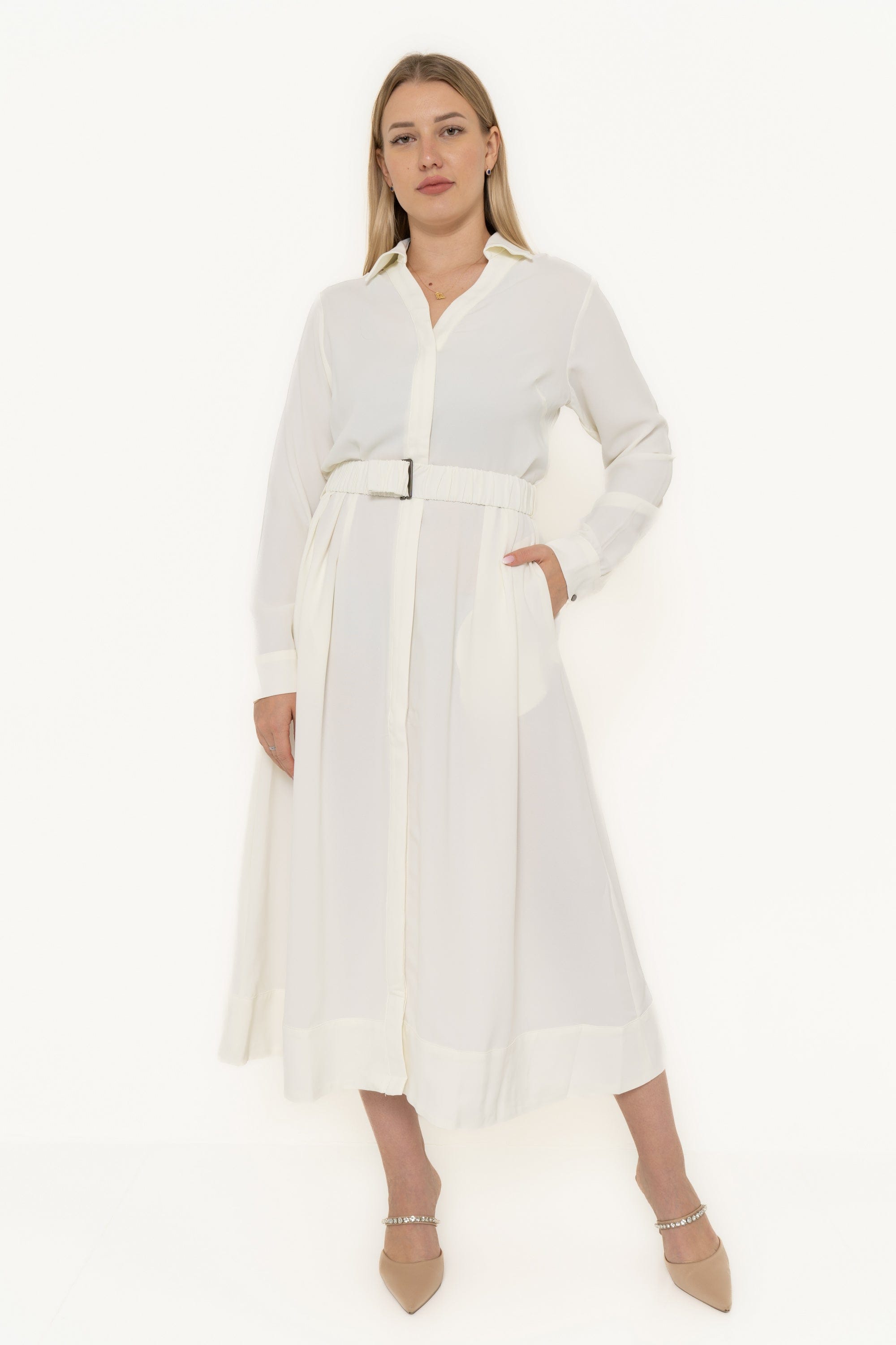 Yola Plain Work Dress with Long Sleeves and Waist Belt