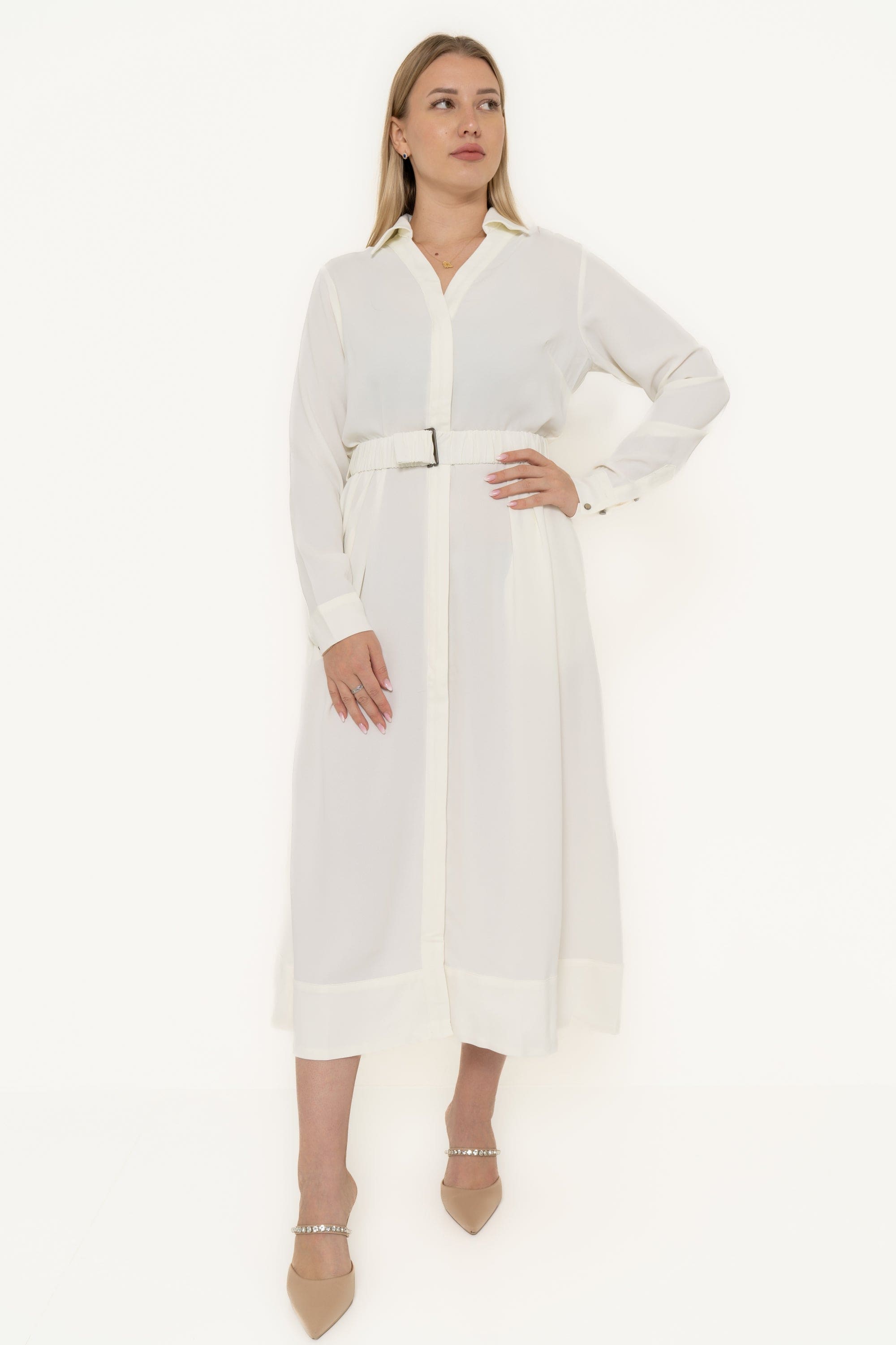 Plain Work Dress With Long Sleeves And Waist Belt