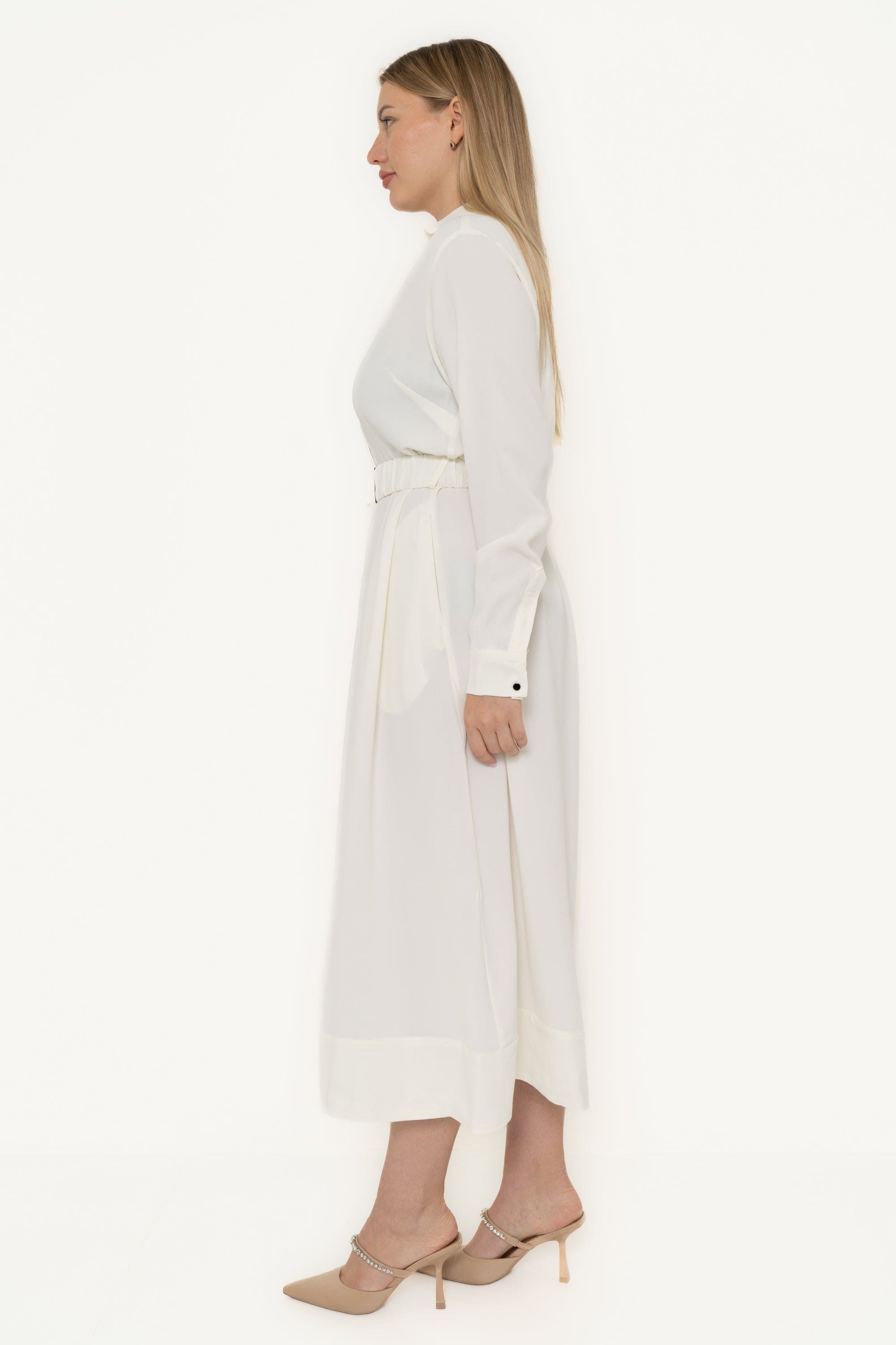 Plain Work Dress With Long Sleeves And Waist Belt