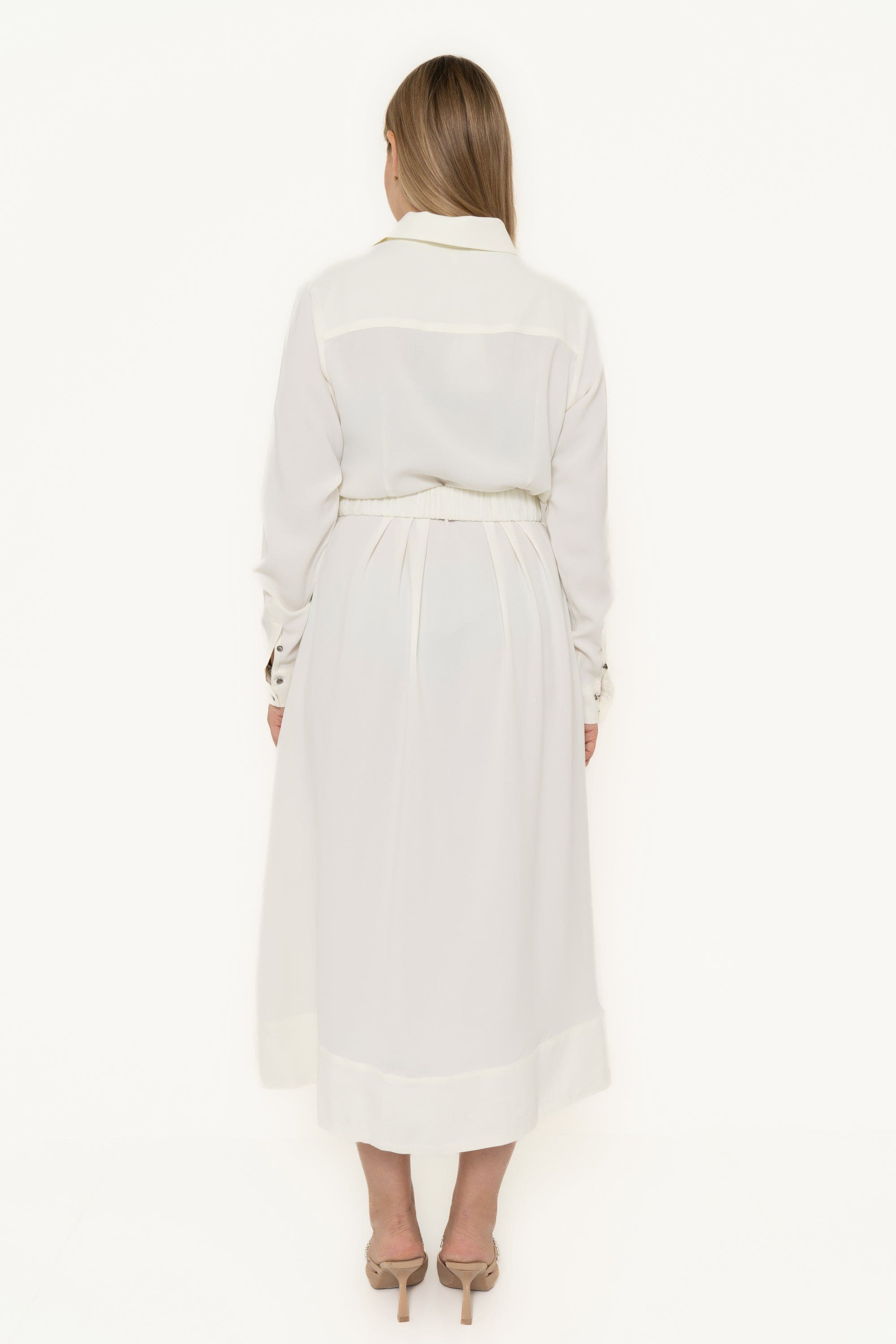 Plain Work Dress With Long Sleeves And Waist Belt