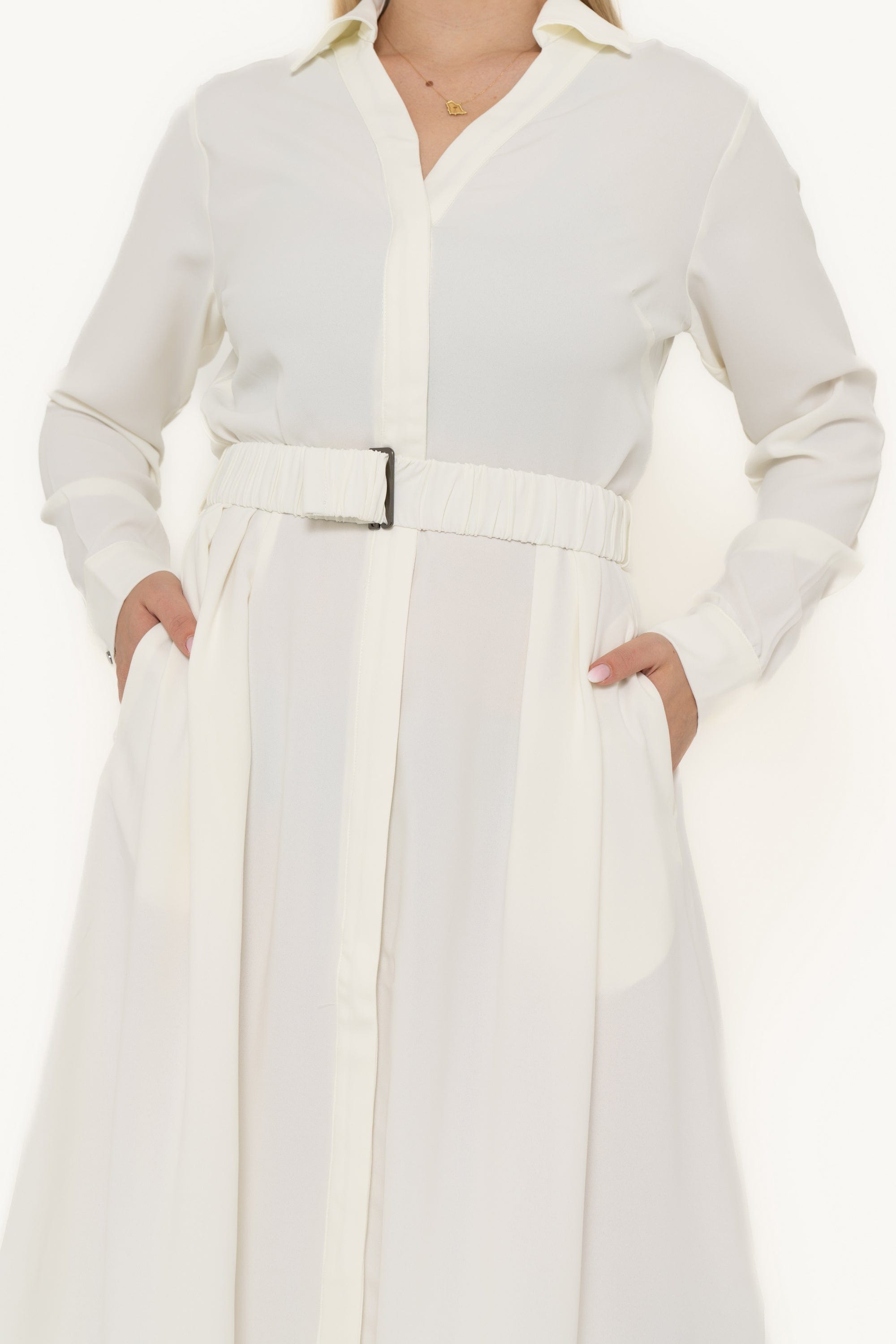 Plain Work Dress With Long Sleeves And Waist Belt