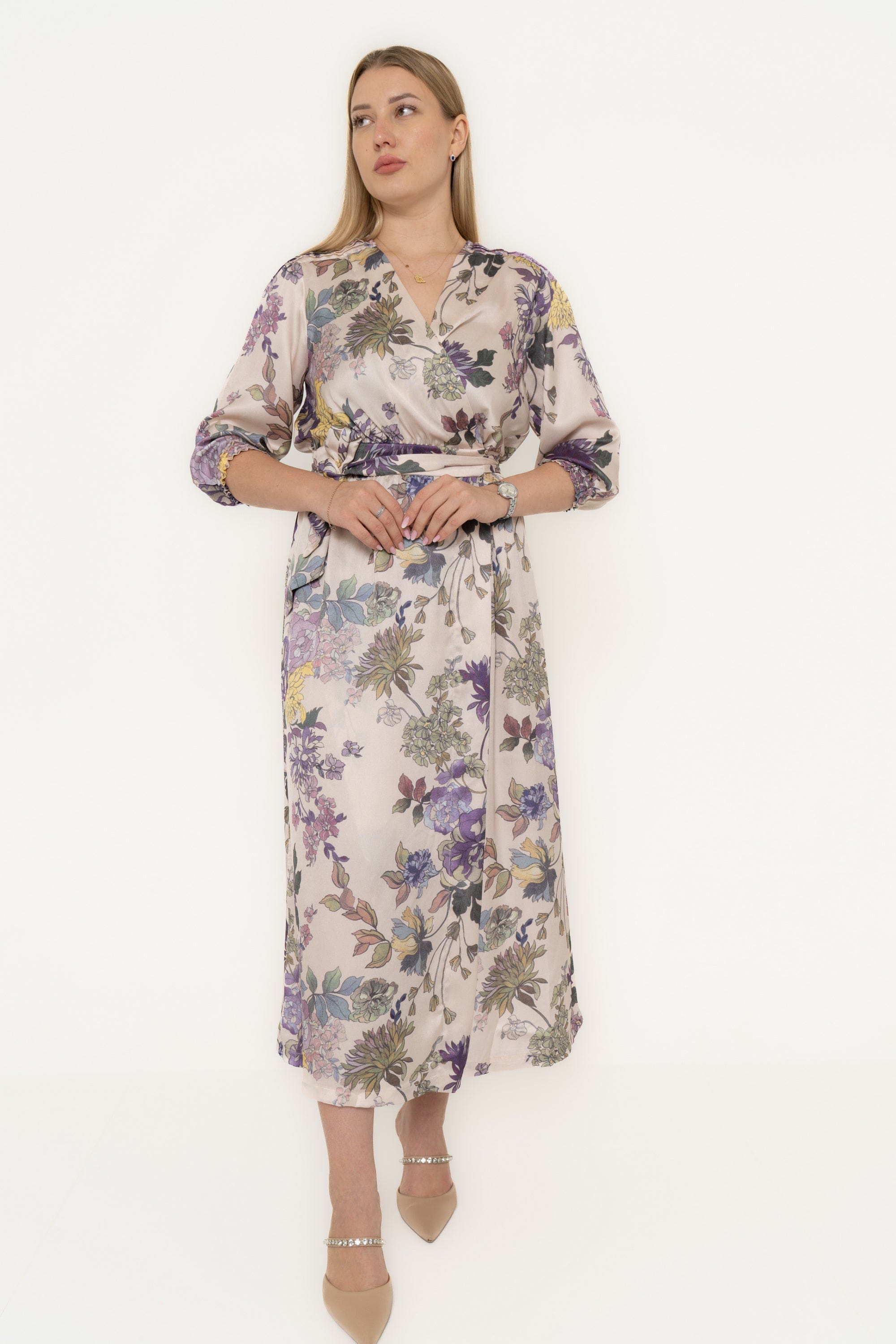 Yola Floral Midi Dress with 3/4 Sleeves