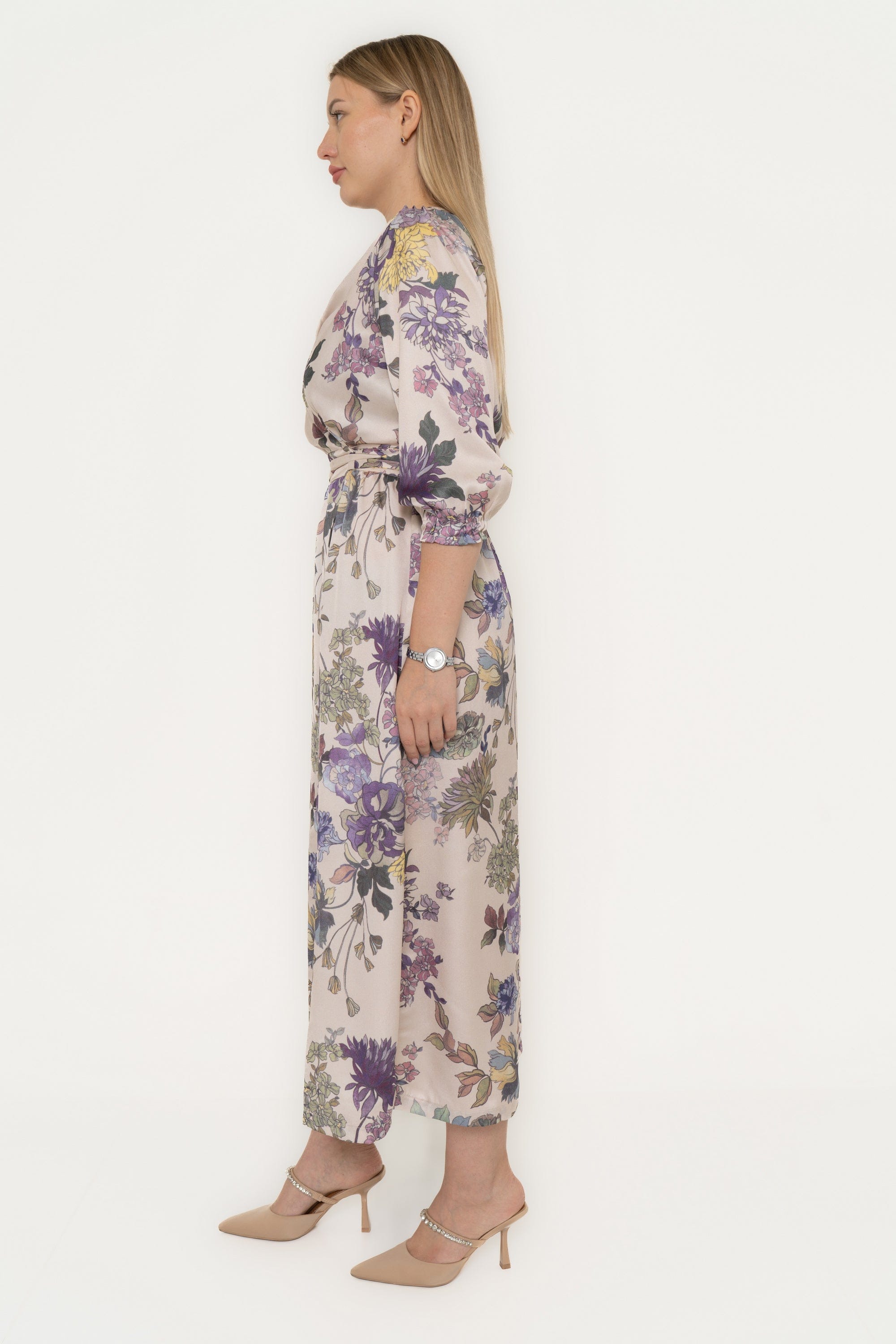 Floral Midi Dress With 3/4 Sleeves