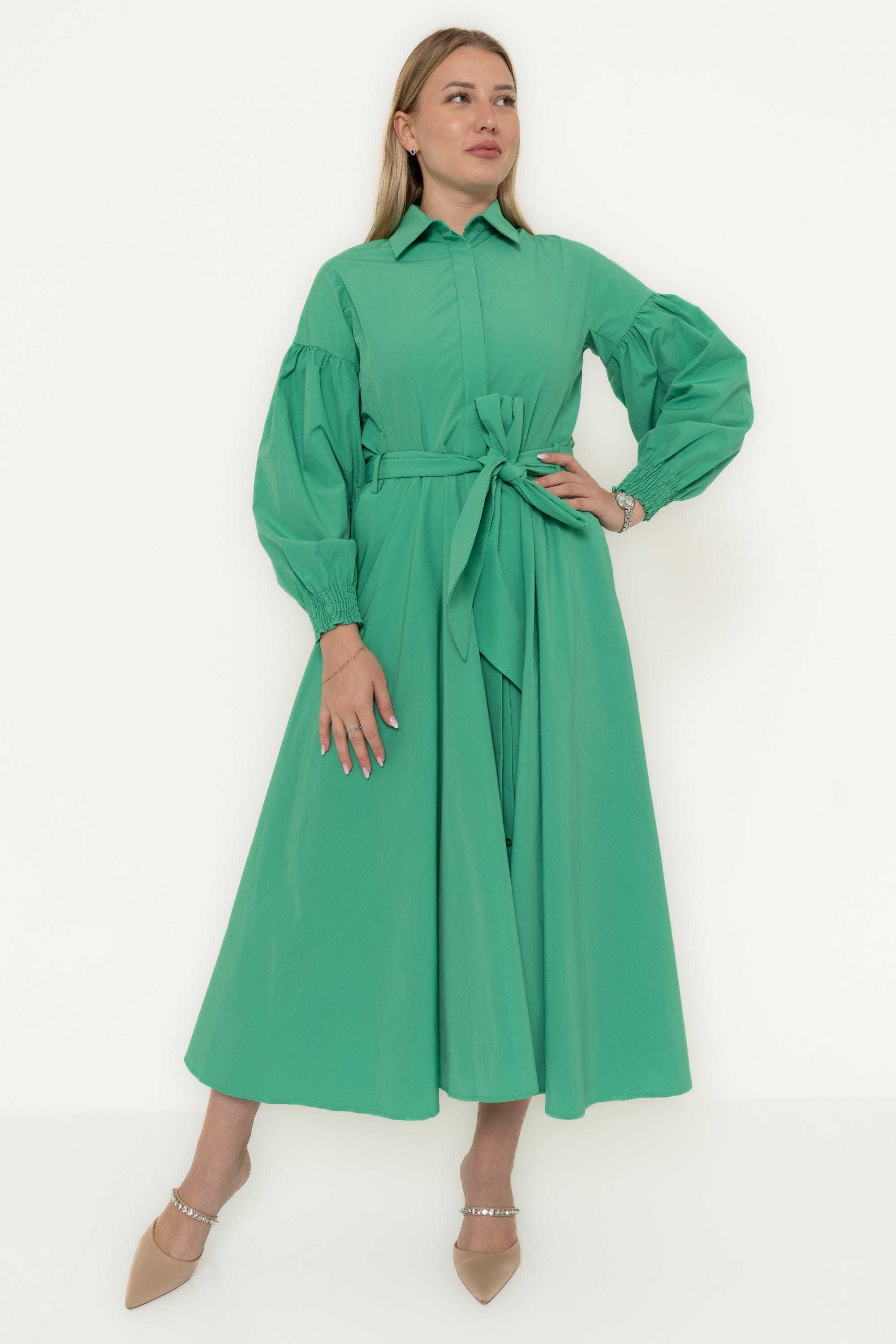 Solid Midi Dress With Waist Tie And Puffed Long Sleeves