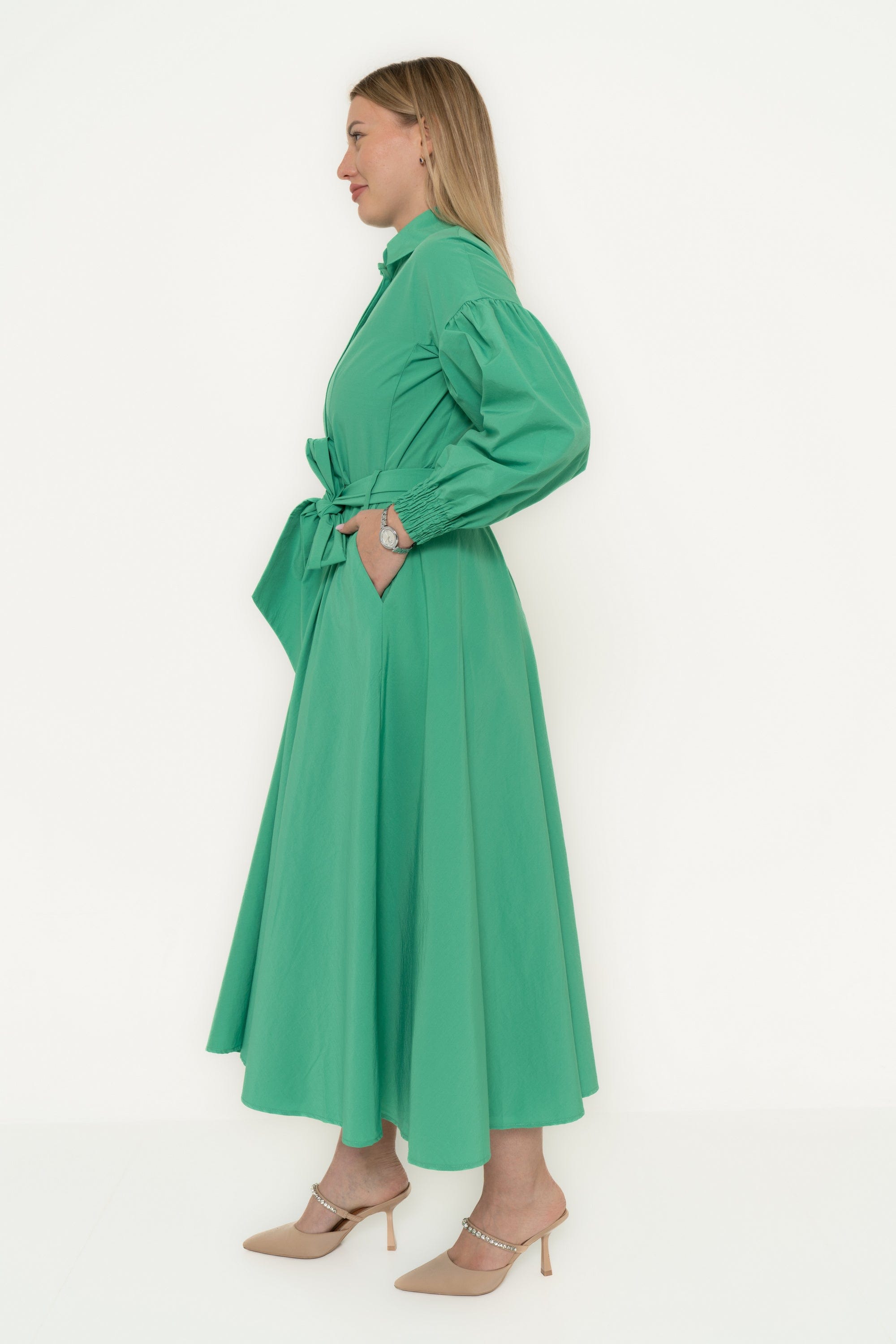 Solid Midi Dress With Waist Tie And Puffed Long Sleeves
