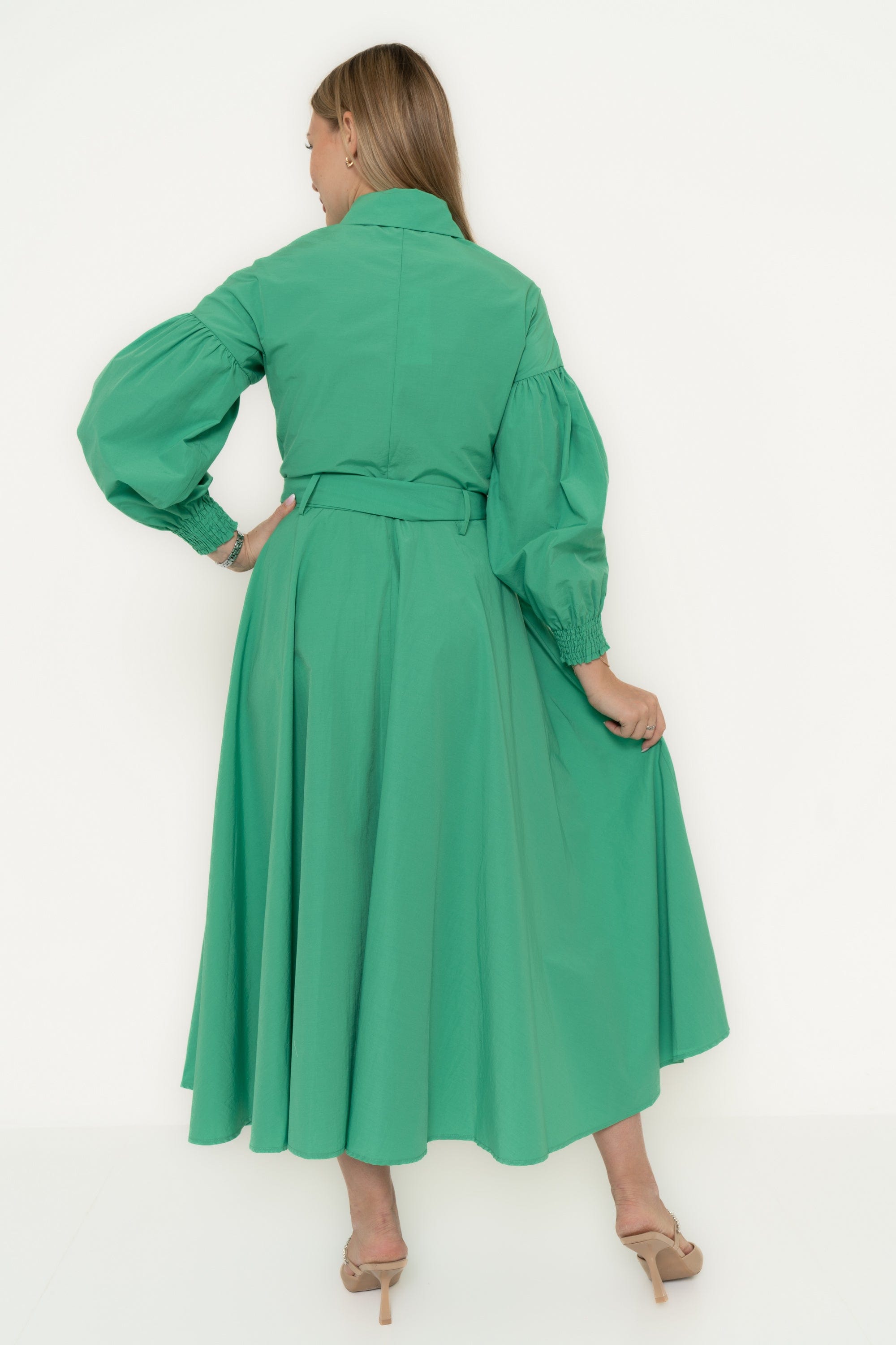 Solid Midi Dress With Waist Tie And Puffed Long Sleeves