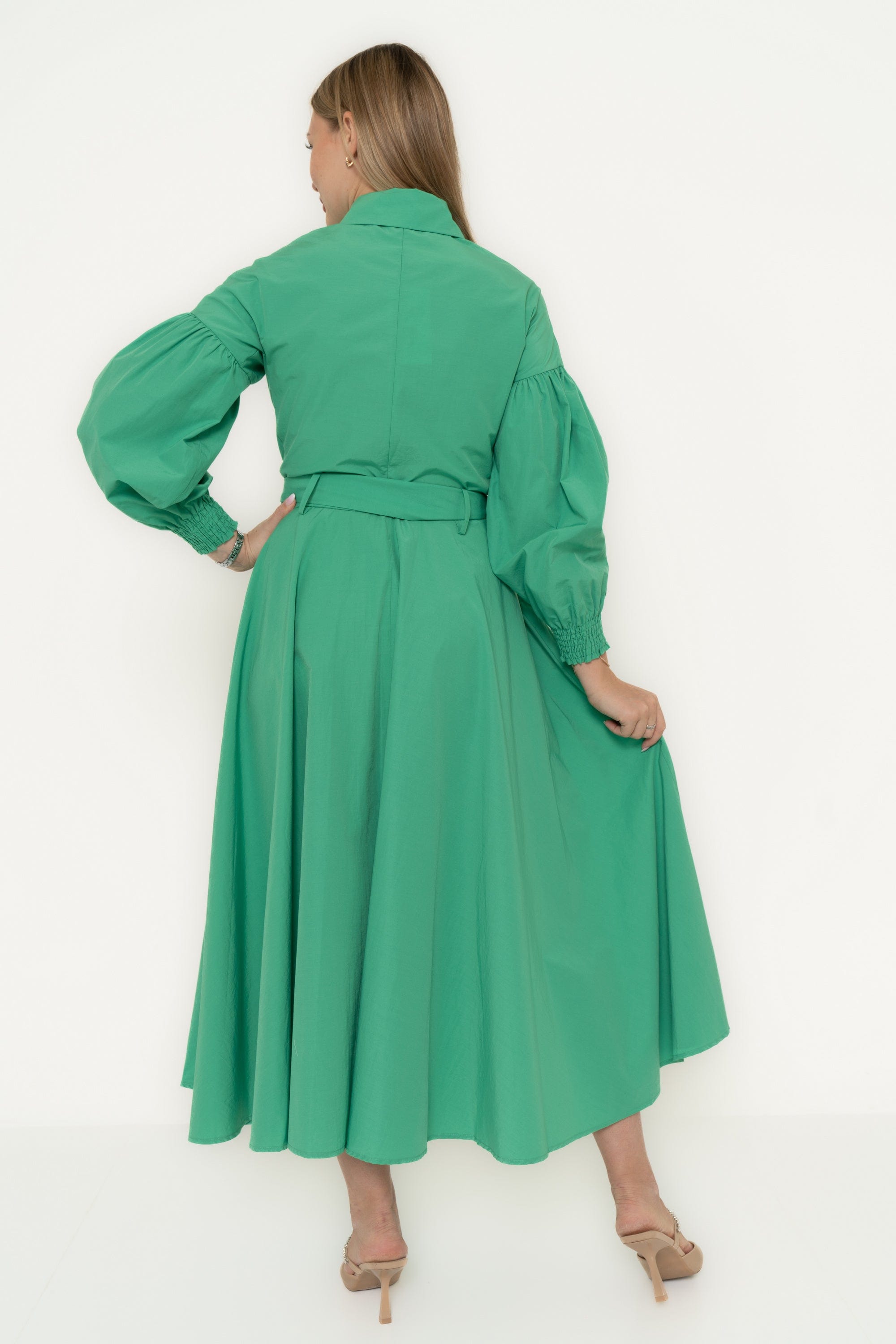 Yola Solid Midi Dress with Waist Tie and Puffed Long Sleeves