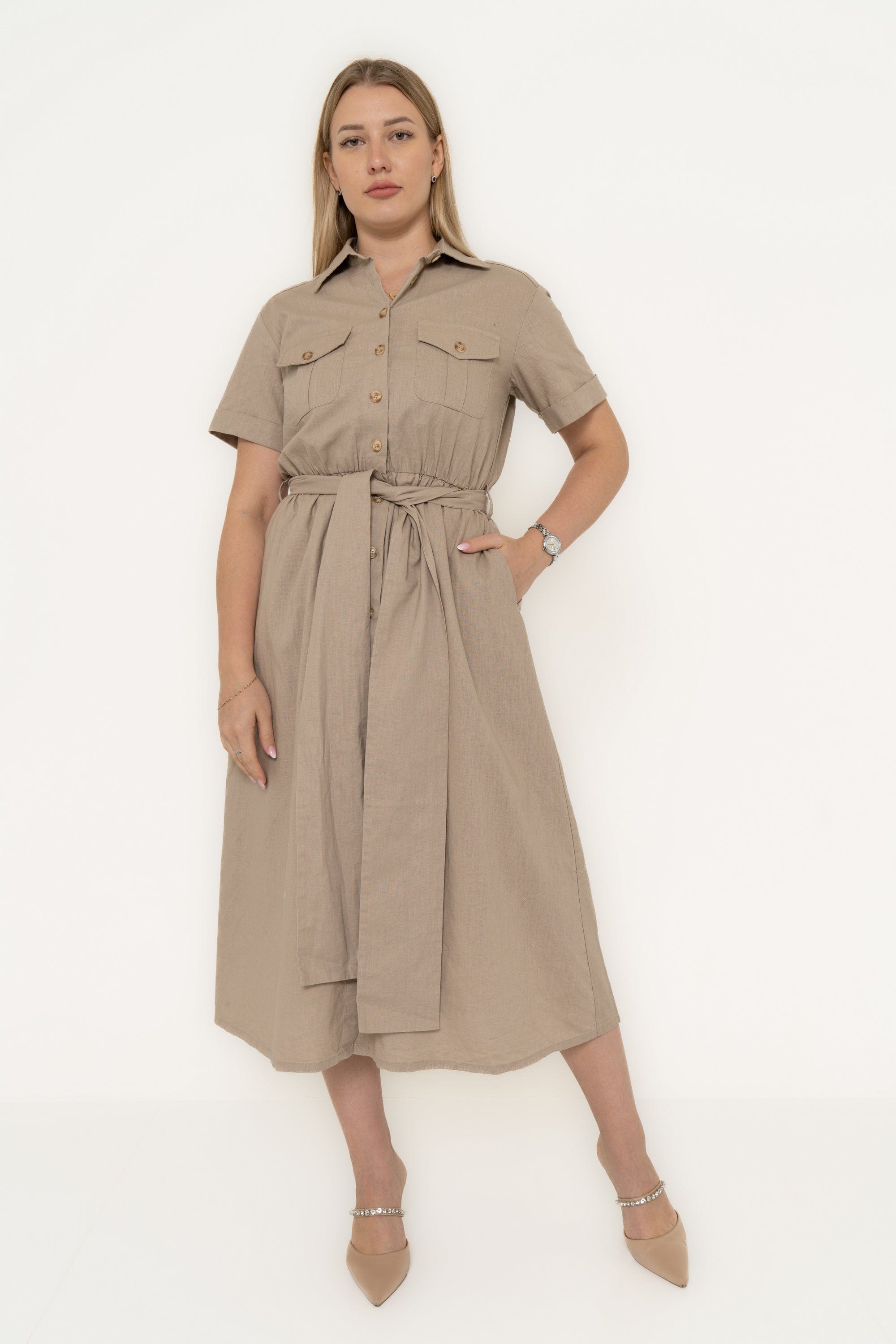 Yola Midi Dress with Short Sleeves, Plain, with Collar and Chest Pockets, and Waist Tie