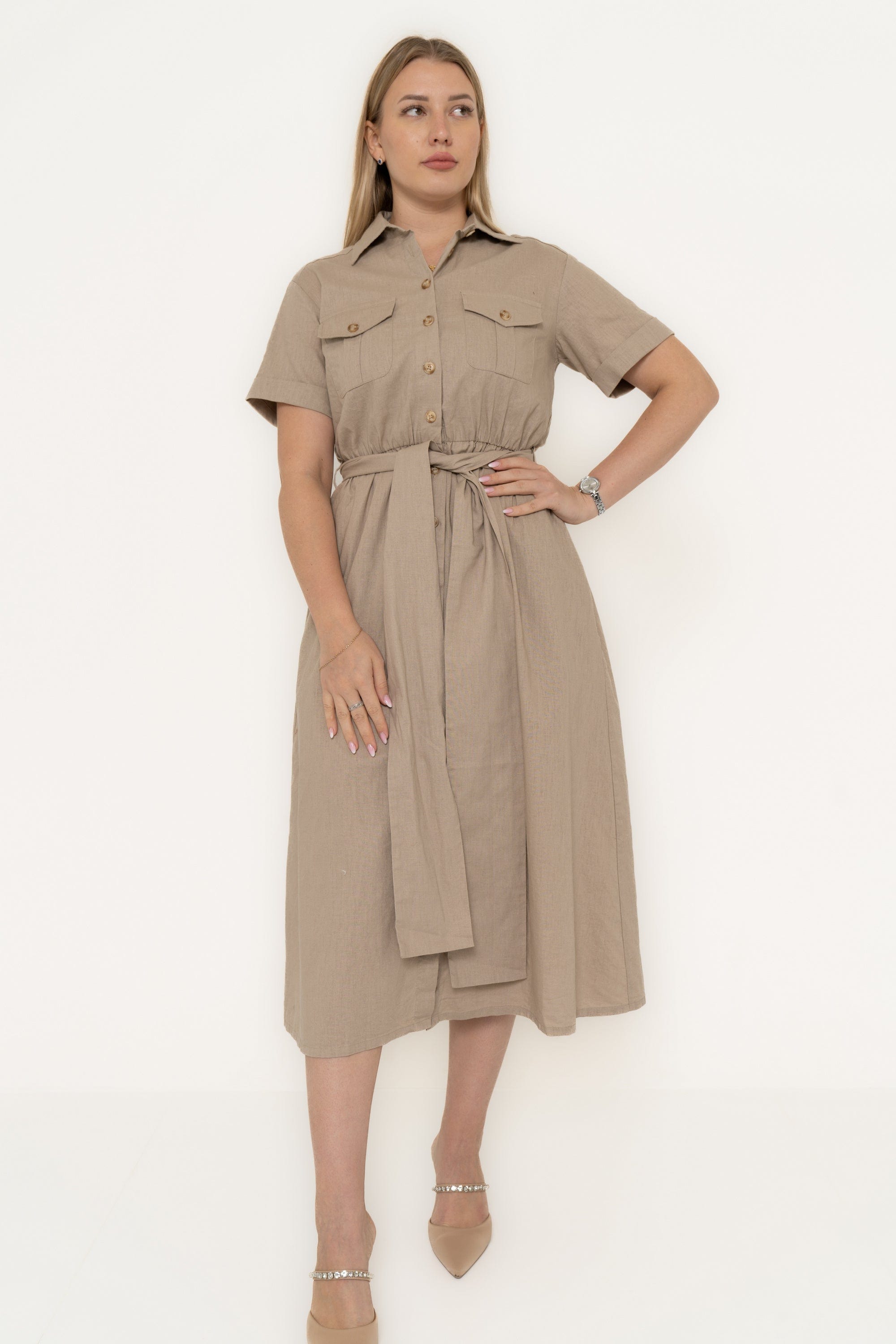 Yola Midi Dress with Short Sleeves, Plain, with Collar and Chest Pockets, and Waist Tie