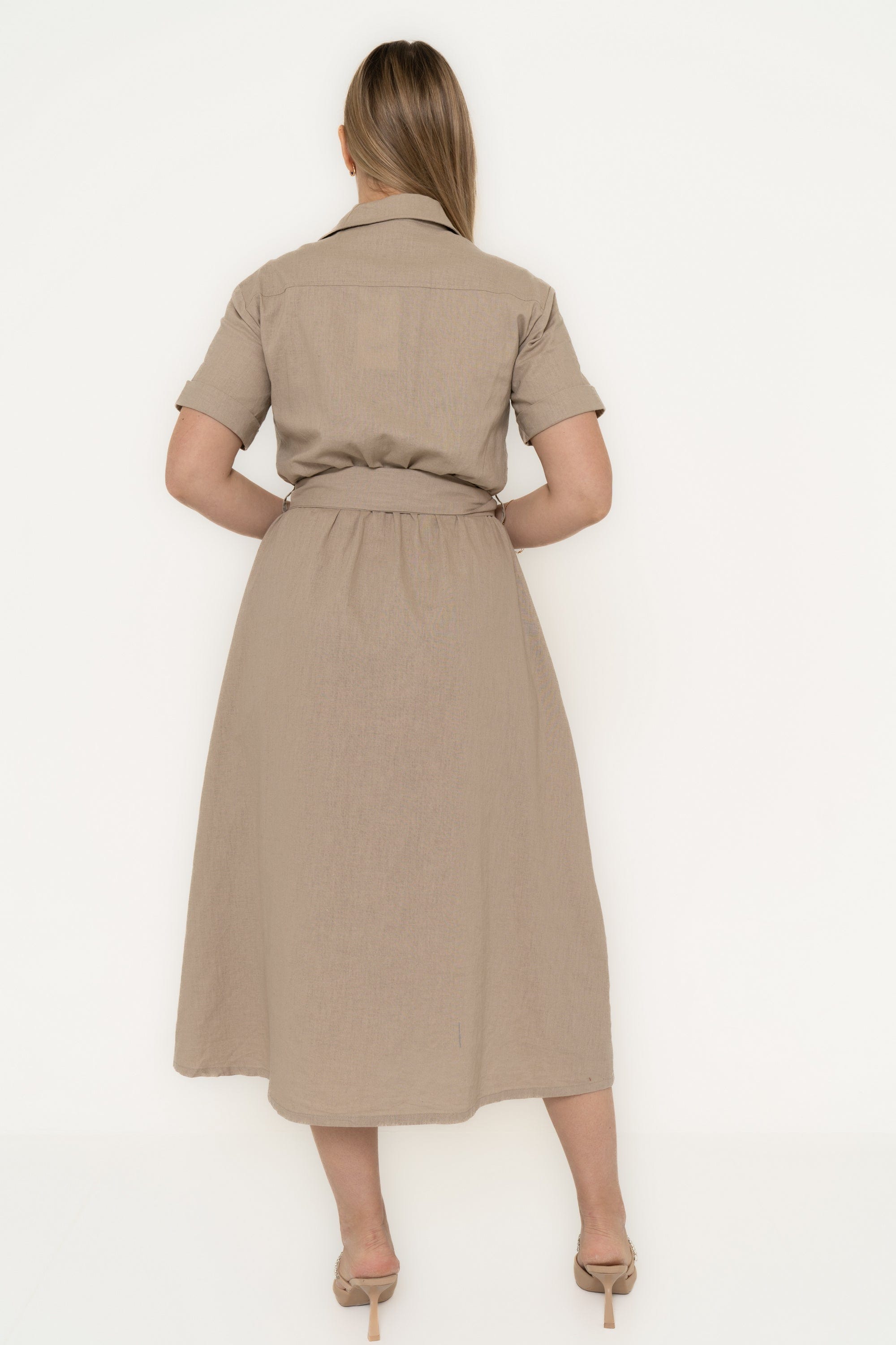 Yola Midi Dress with Short Sleeves, Plain, with Collar and Chest Pockets, and Waist Tie