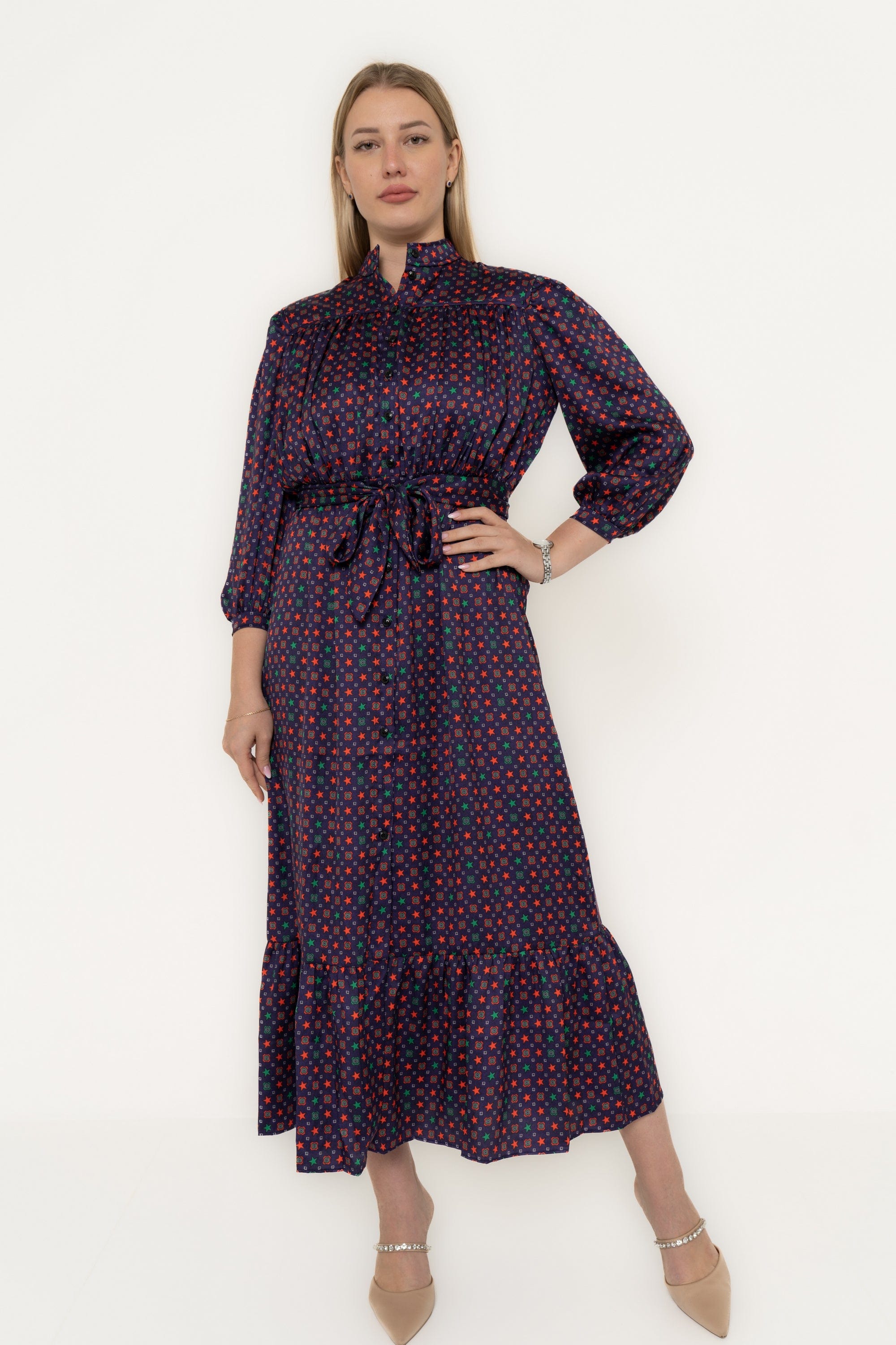 Yola Midi dress with long sleeves, waist tie, polka dots, and ruffled tail