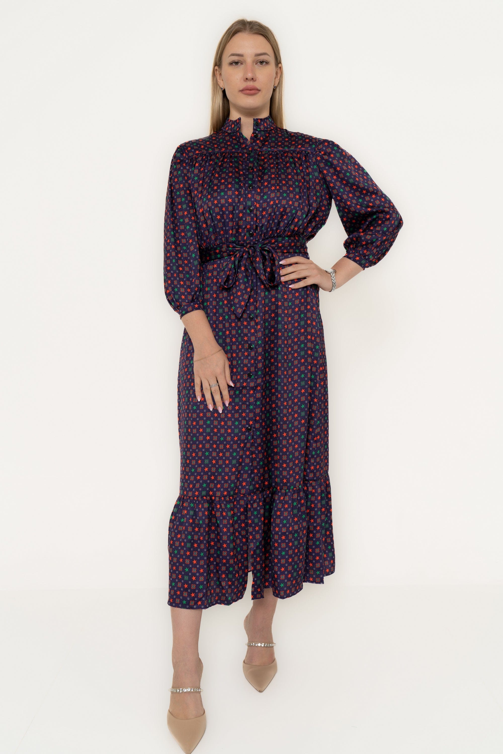 Yola Midi dress with long sleeves, waist tie, polka dots, and ruffled tail