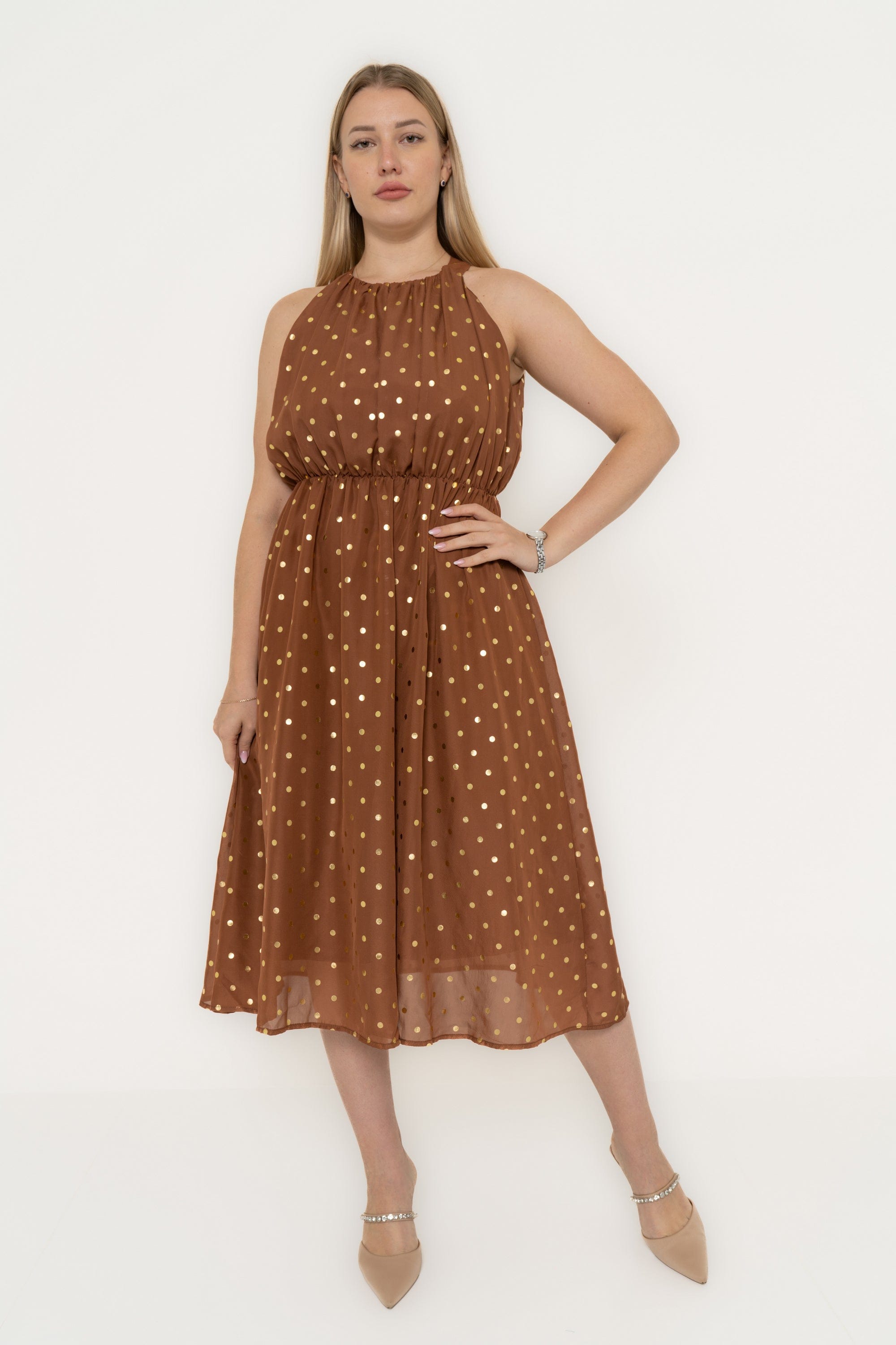 Yola Midi Cut Dress with Ruffled Waist in Polka Dot Chiffon