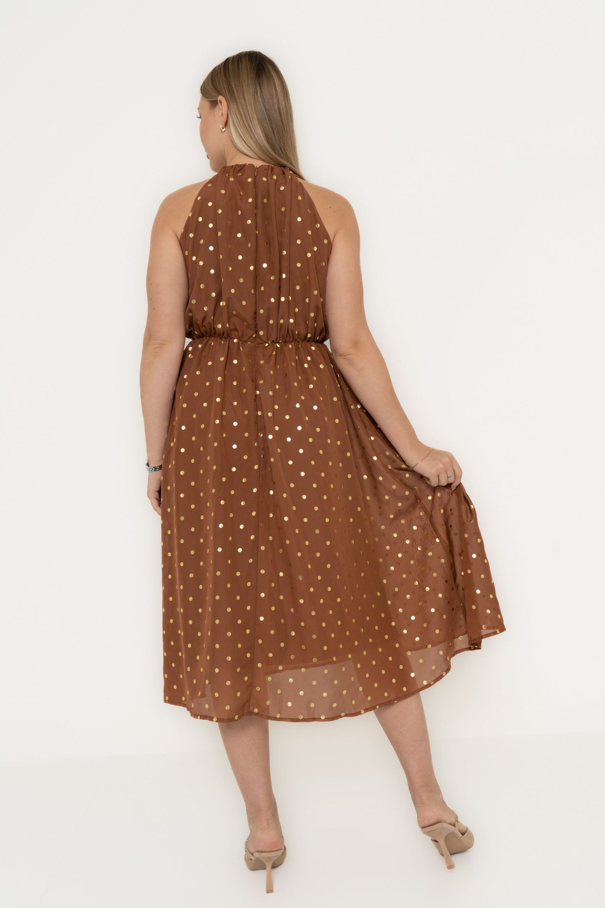 Yola Midi Cut Dress with Ruffled Waist in Polka Dot Chiffon