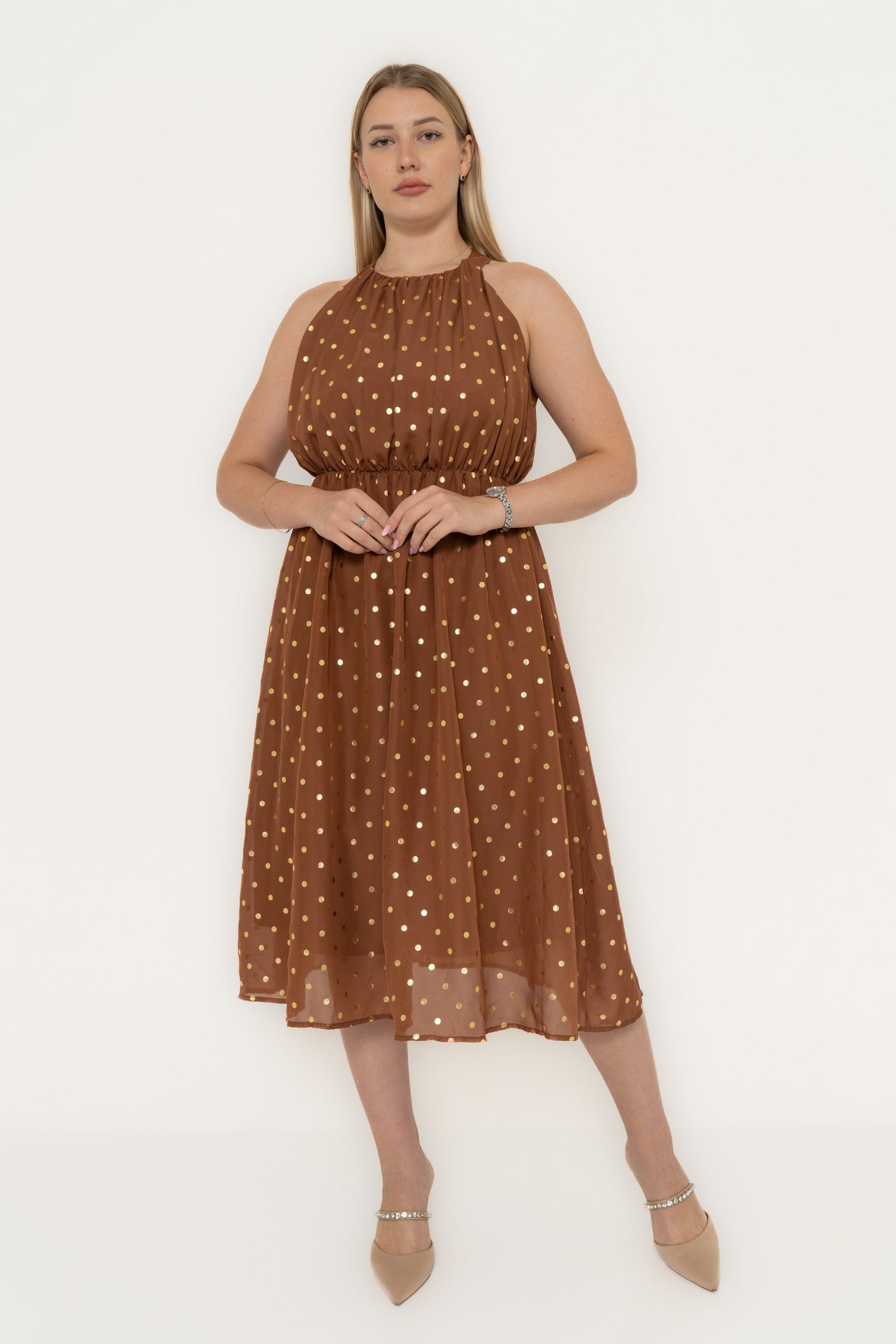 Yola Midi Cut Dress with Ruffled Waist in Polka Dot Chiffon